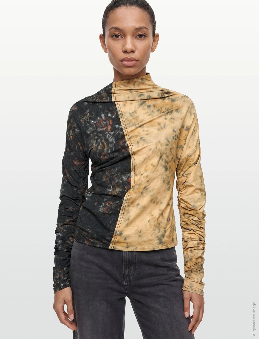 Ganni - Printed Stretch Cotton Ruched Top - långärmade toppar - multicolored - 3