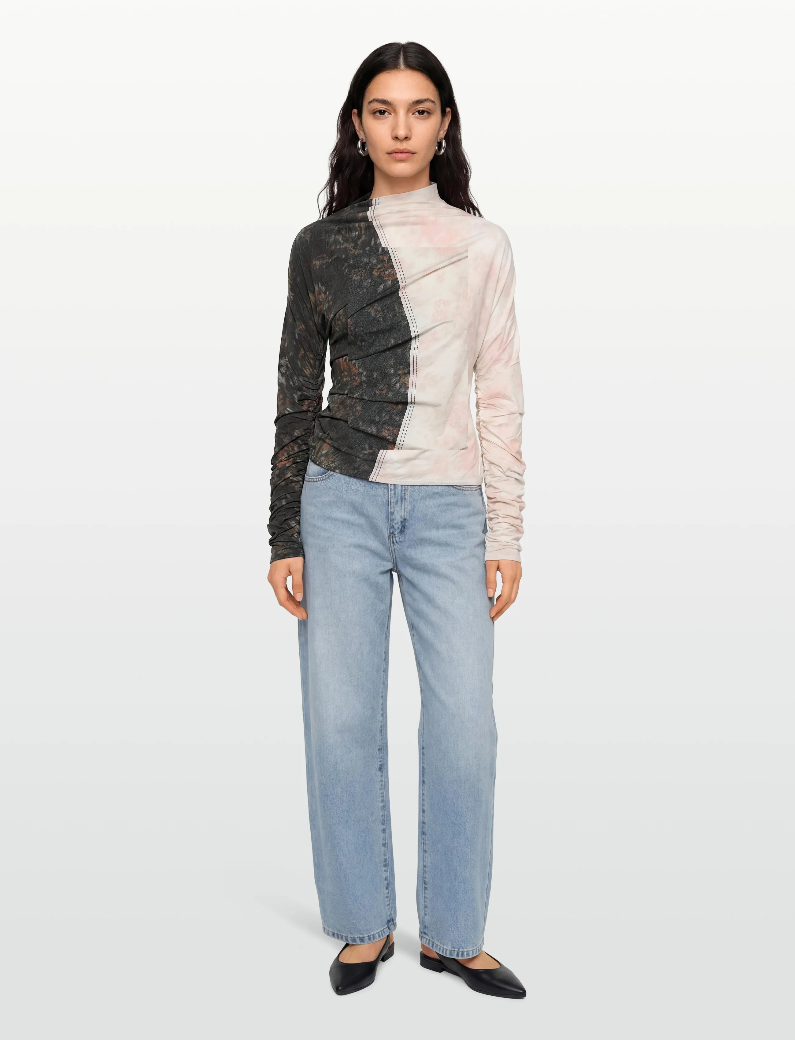 Ganni Printed Stretch Cotton Ruched Top, Kvinder, Printet Rynket Top, Multi/mønstret, Str: 38