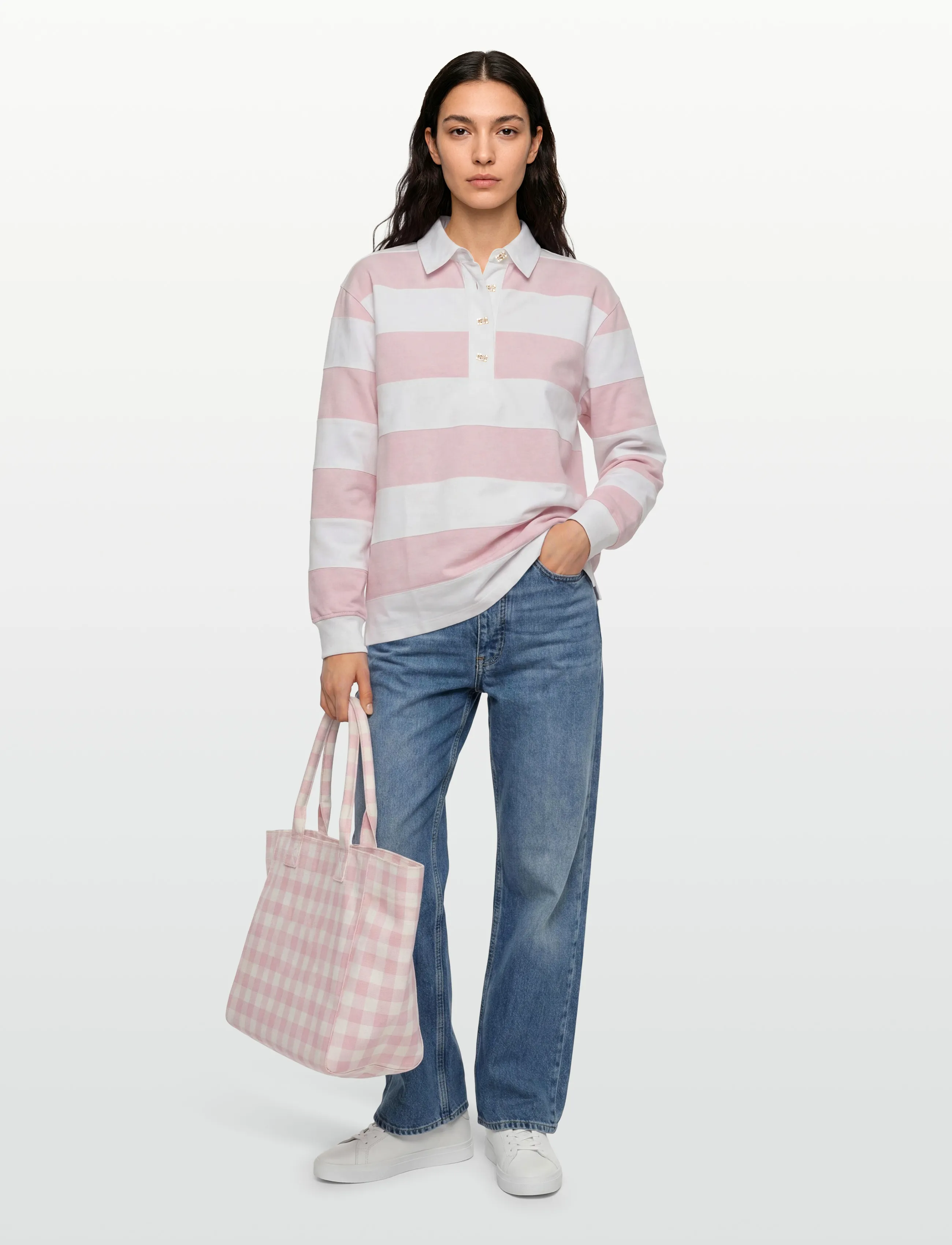 Ganni Heavy Cotton Polo, Kvinder, Stribet Langærmet Poloshirt, Pink, Str: XS