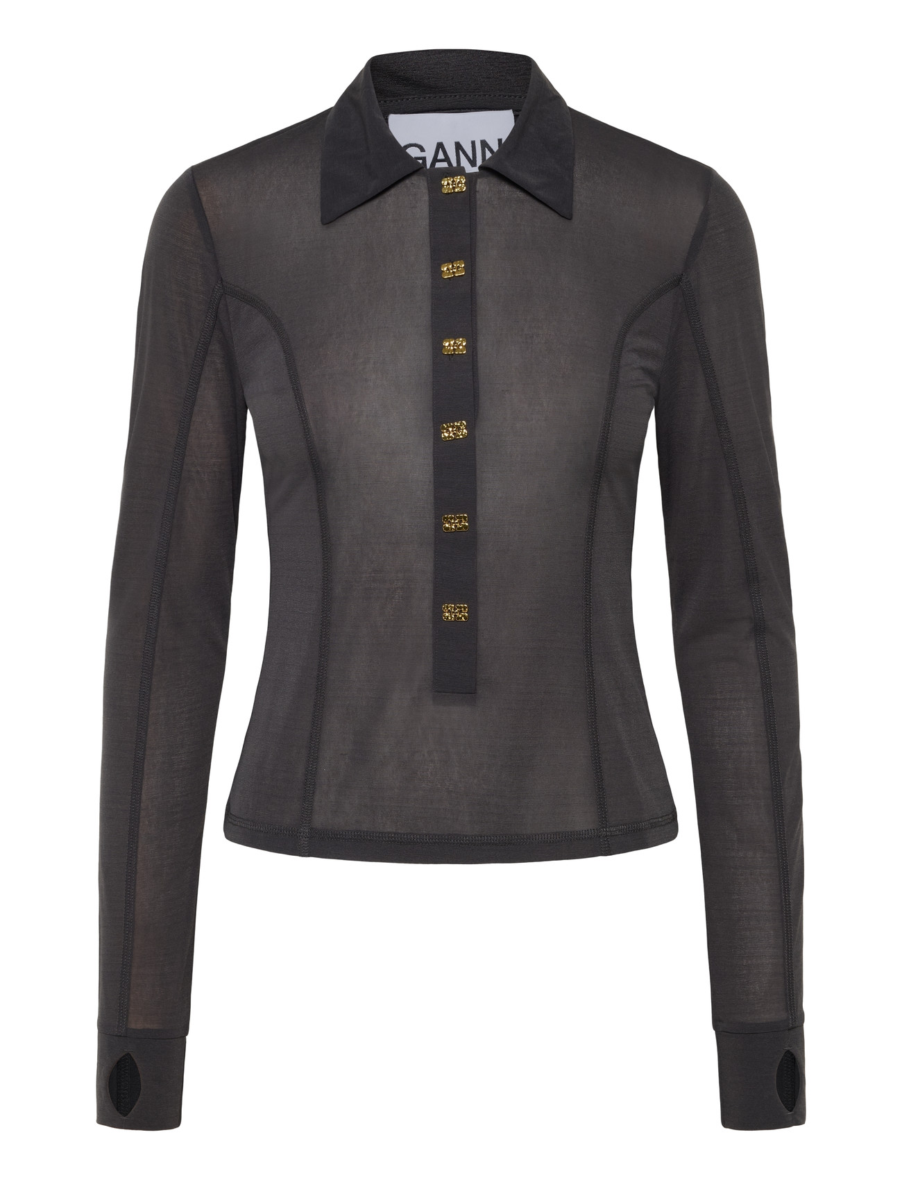 GANNI | Sheer Mesh Jersey Buttoned Collar Top | 42