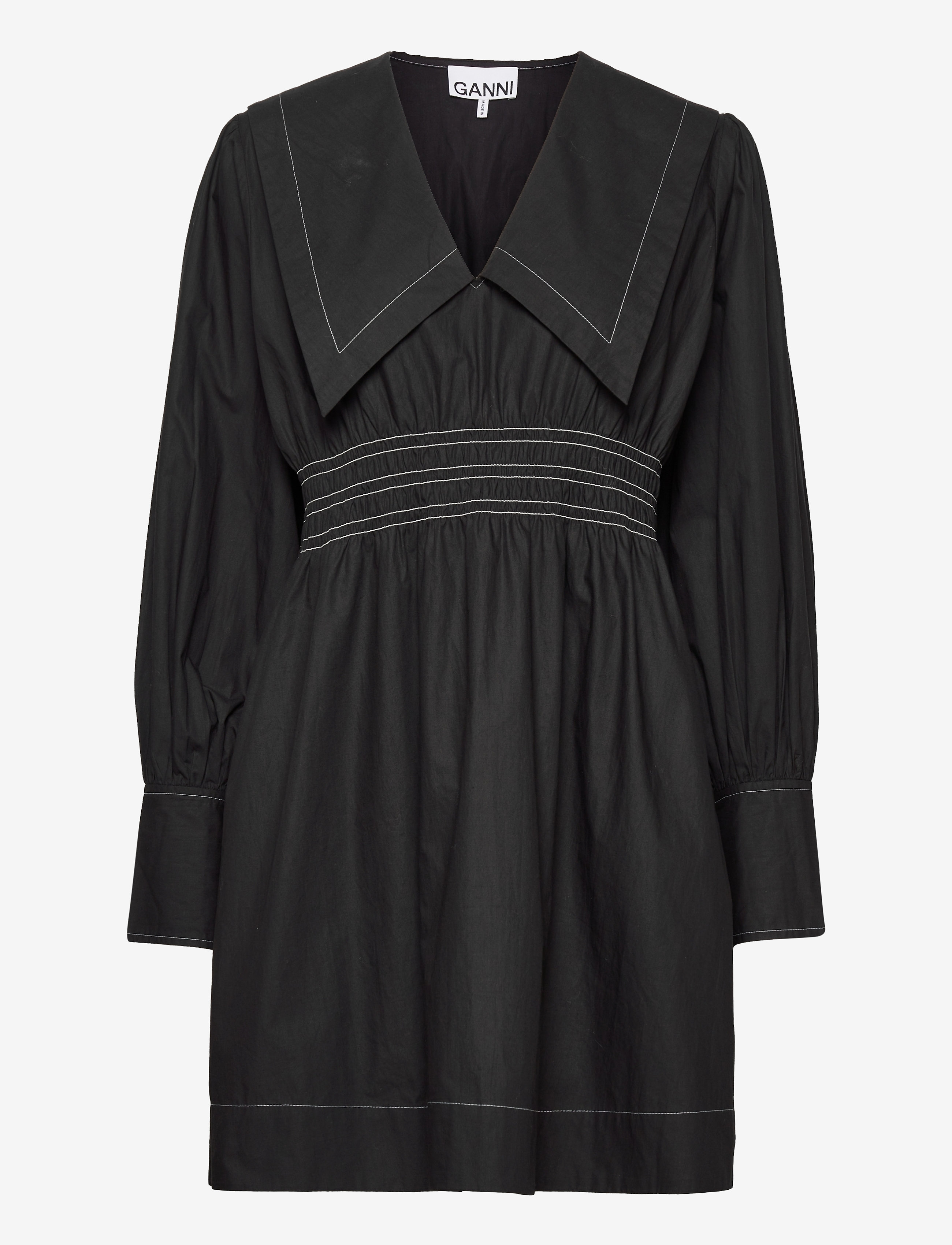GANNI Cotton Poplin V-Neck Smock Mini Dress, Kvinder, Smockkjole Med Krave, Sort, Str: 34