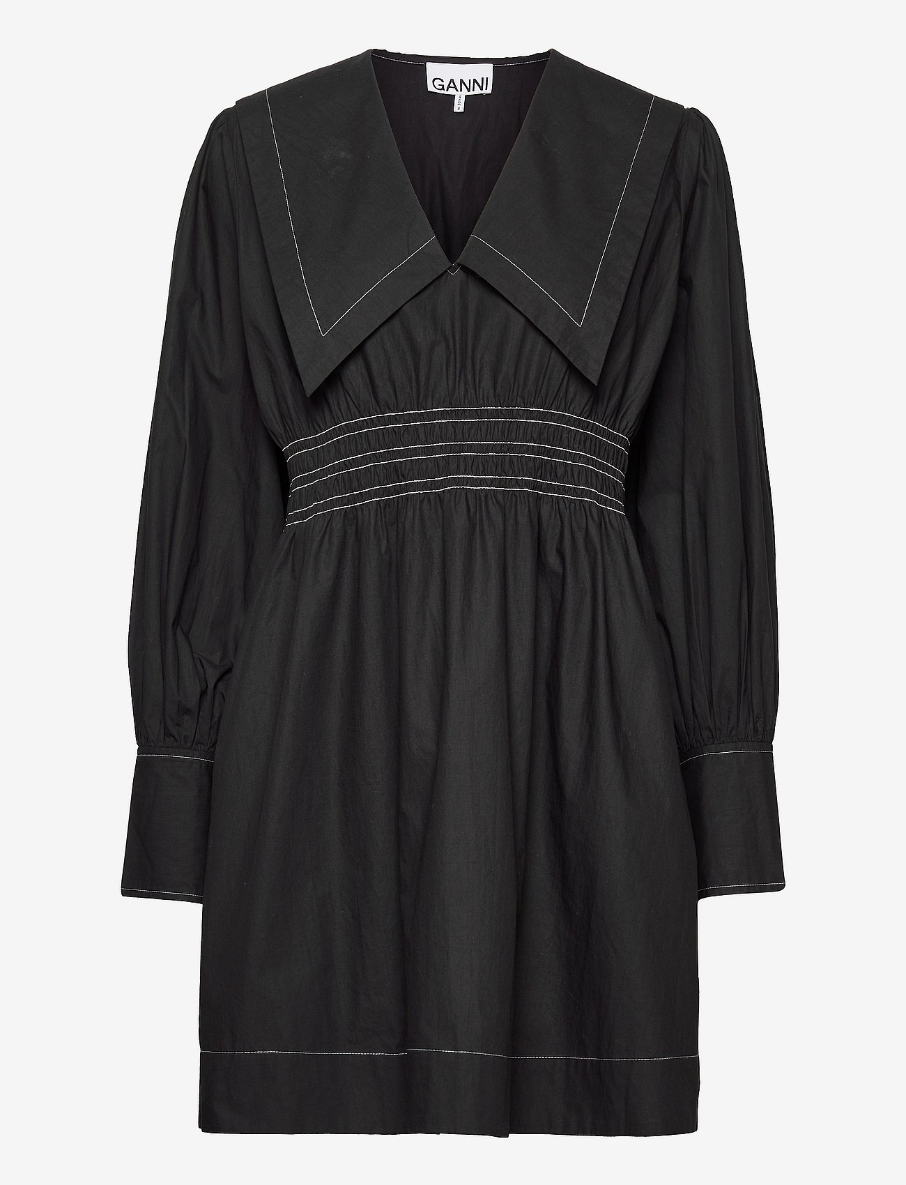ganni cotton poplin mini smock dress GANNI Women's Cotton Poplin Open-Neck Smock Mini Dress in Black GANNI