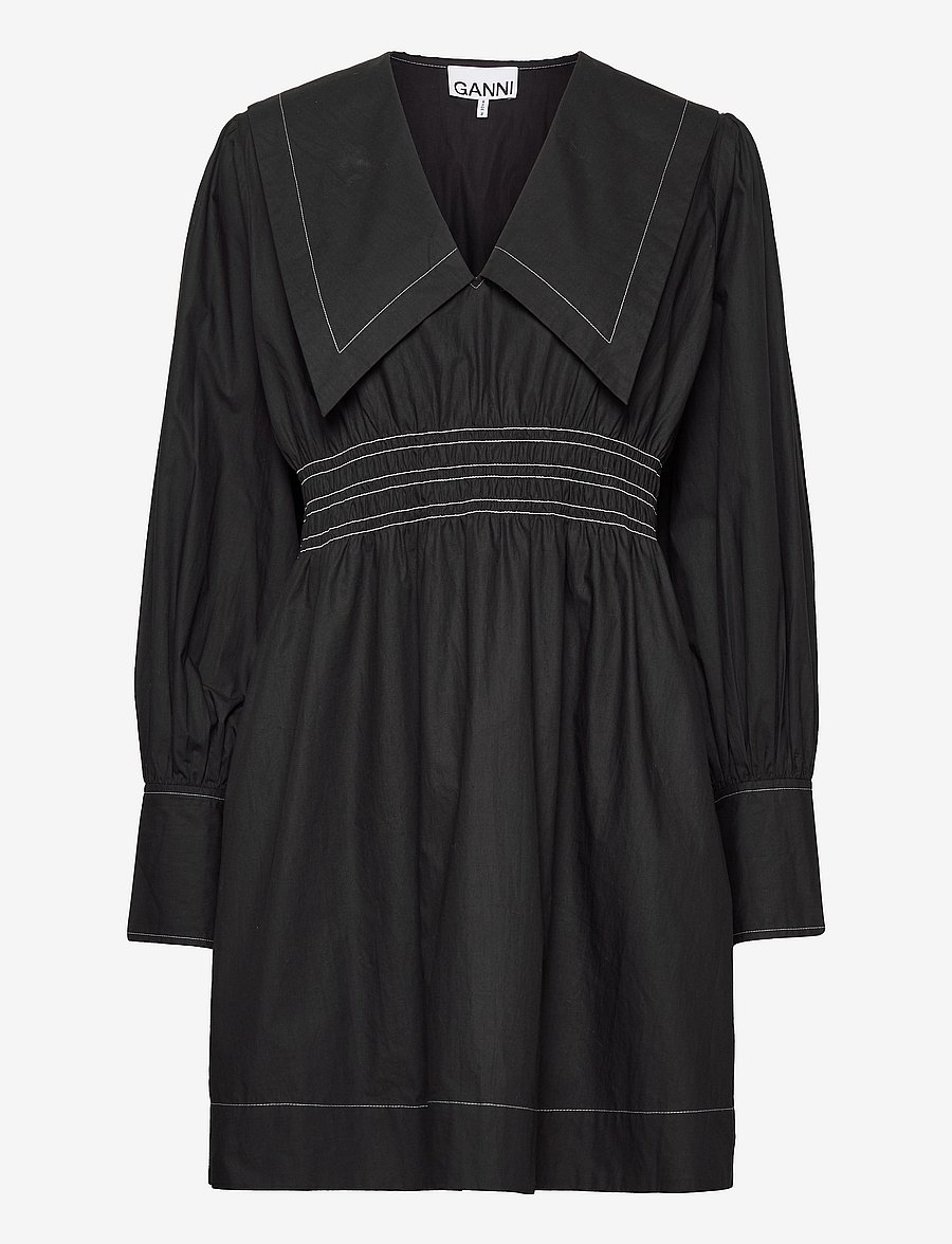 GANNI - Cotton Poplin V-neck Smock Mini Dress - cocktail-kjoler - black - 0