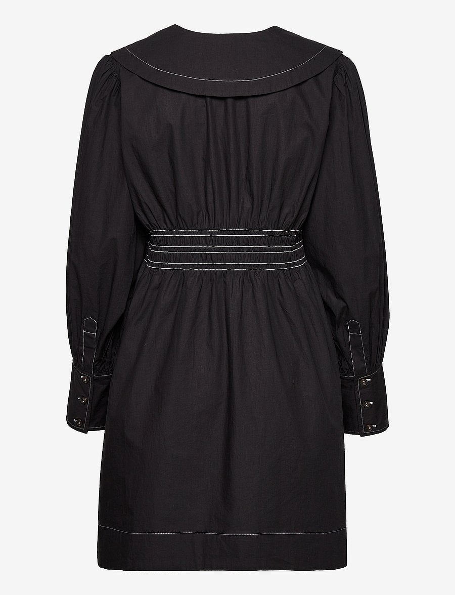 GANNI - Cotton Poplin V-neck Smock Mini Dress - cocktail-kjoler - black - 1