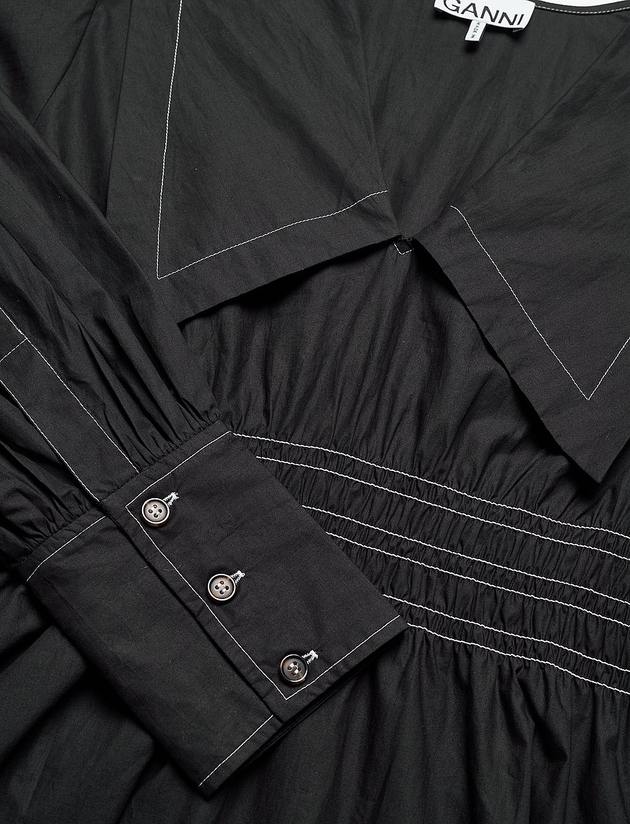 GANNI - Cotton Poplin V-neck Smock Mini Dress - cocktail-kjoler - black - 2
