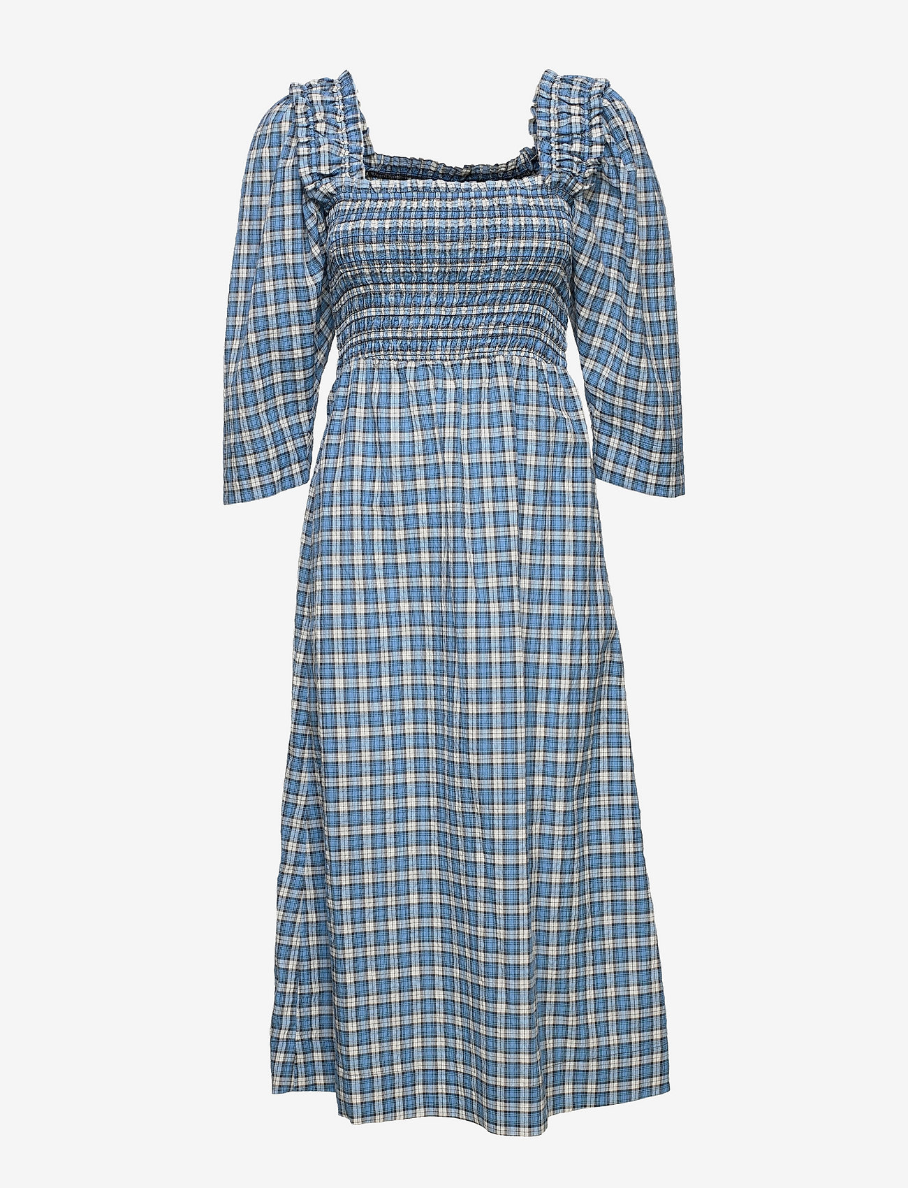 GANNI - Seersucker Check Smock Midi Dress - summer dresses - check azure blue - 0