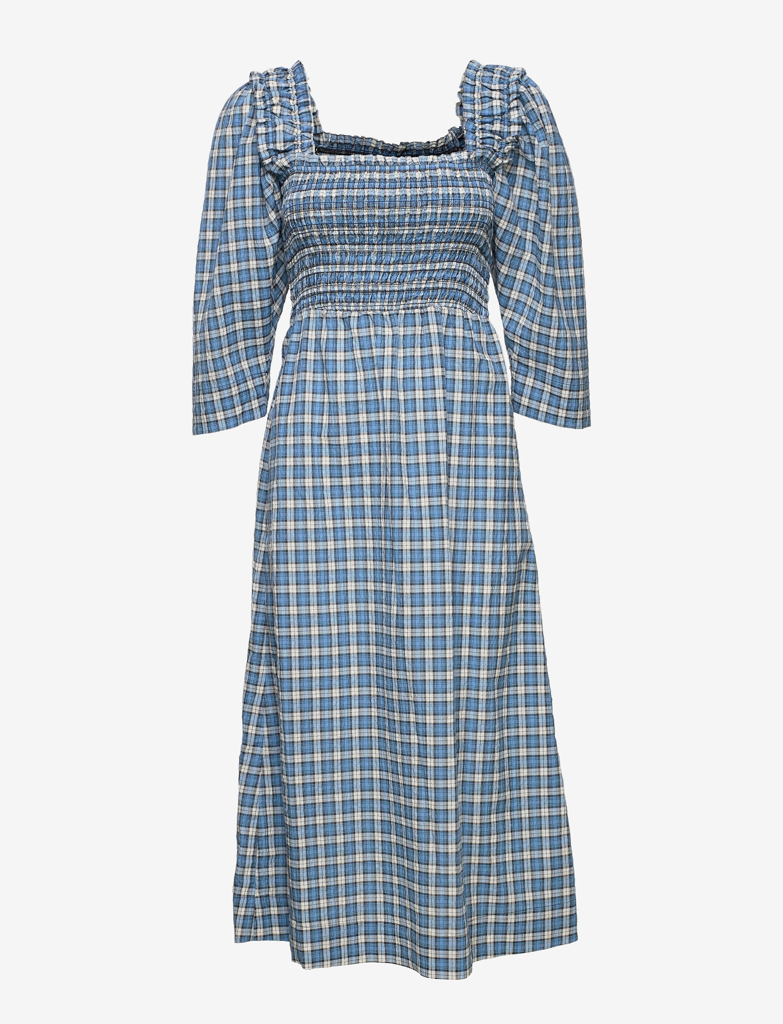 GANNI Seersucker Check Smock Midi Dress - E-pirmadienis - CHECK AZURE BLUE / blue