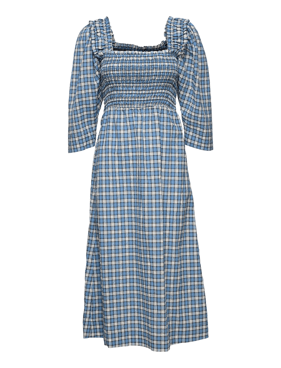 GANNI - Seersucker Check Smock Midi Dress - summer dresses - check azure blue - 0