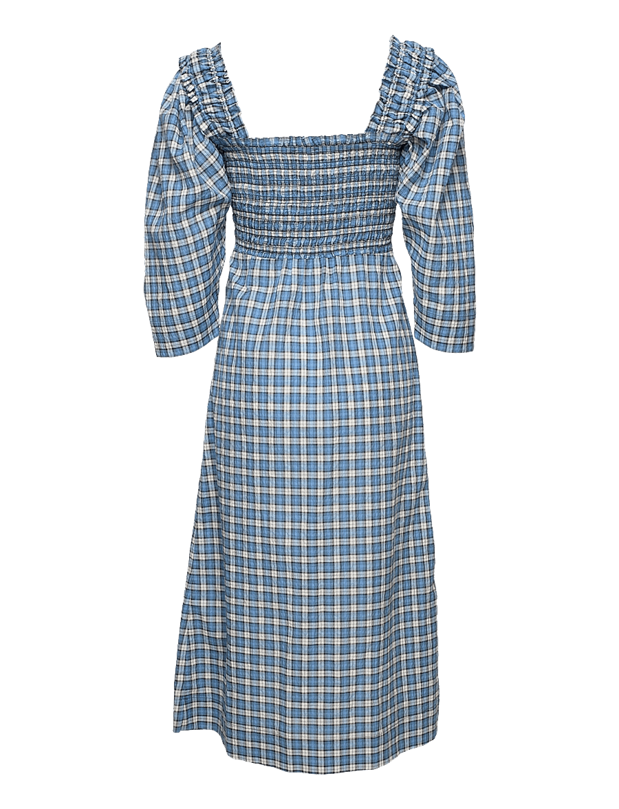 GANNI - Seersucker Check Smock Midi Dress - summer dresses - check azure blue - 1