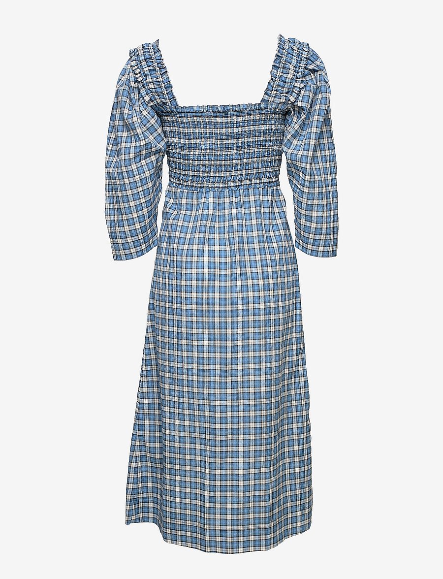 GANNI - Seersucker Check Smock Midi Dress - zomerjurken - check azure blue - 1
