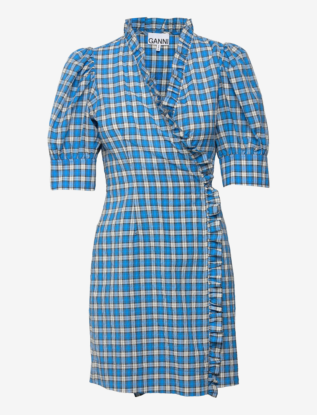 GANNI - Seersucker Check Wrap Ruffle Mini Dress - check azure blue - 0
