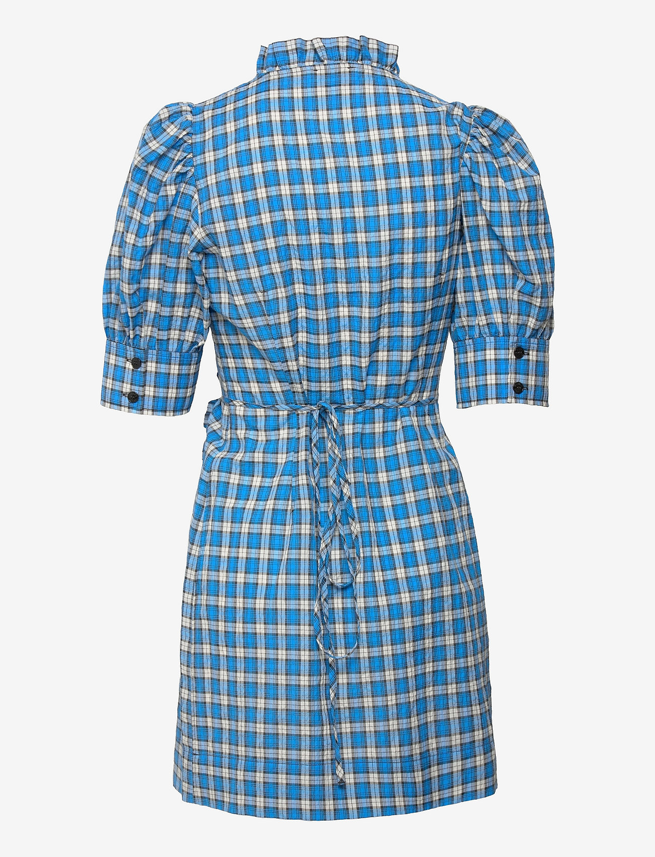 GANNI - Seersucker Check Wrap Ruffle Mini Dress - check azure blue - 1