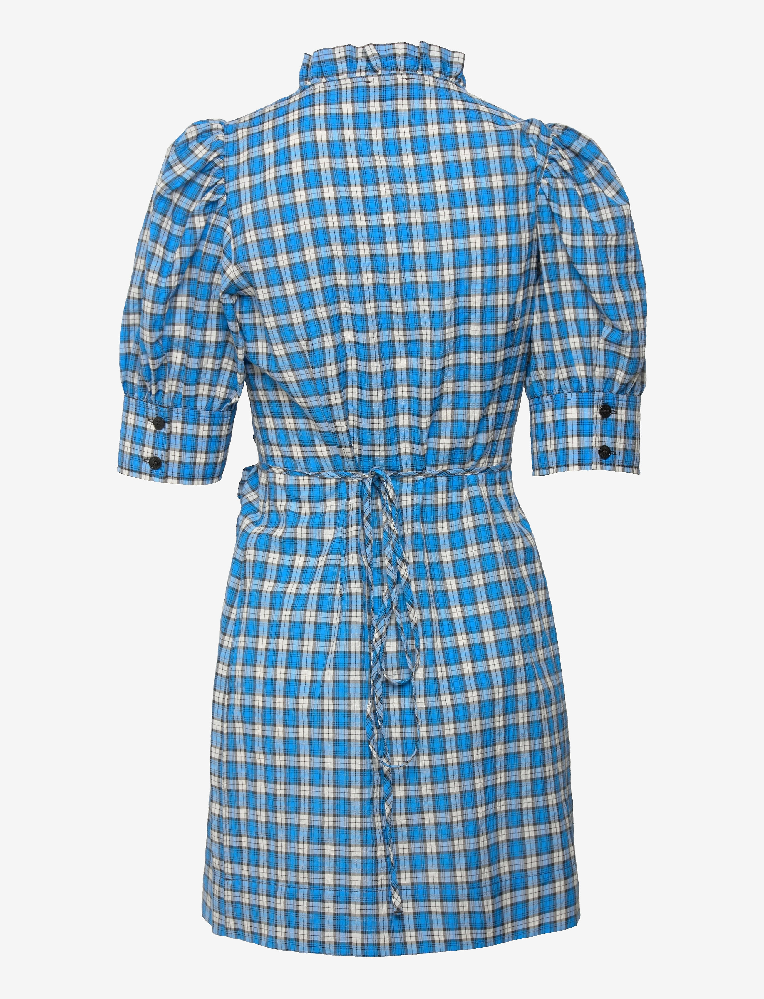 GANNI - Seersucker Check Wrap Ruffle Mini Dress - check azure blue - 1