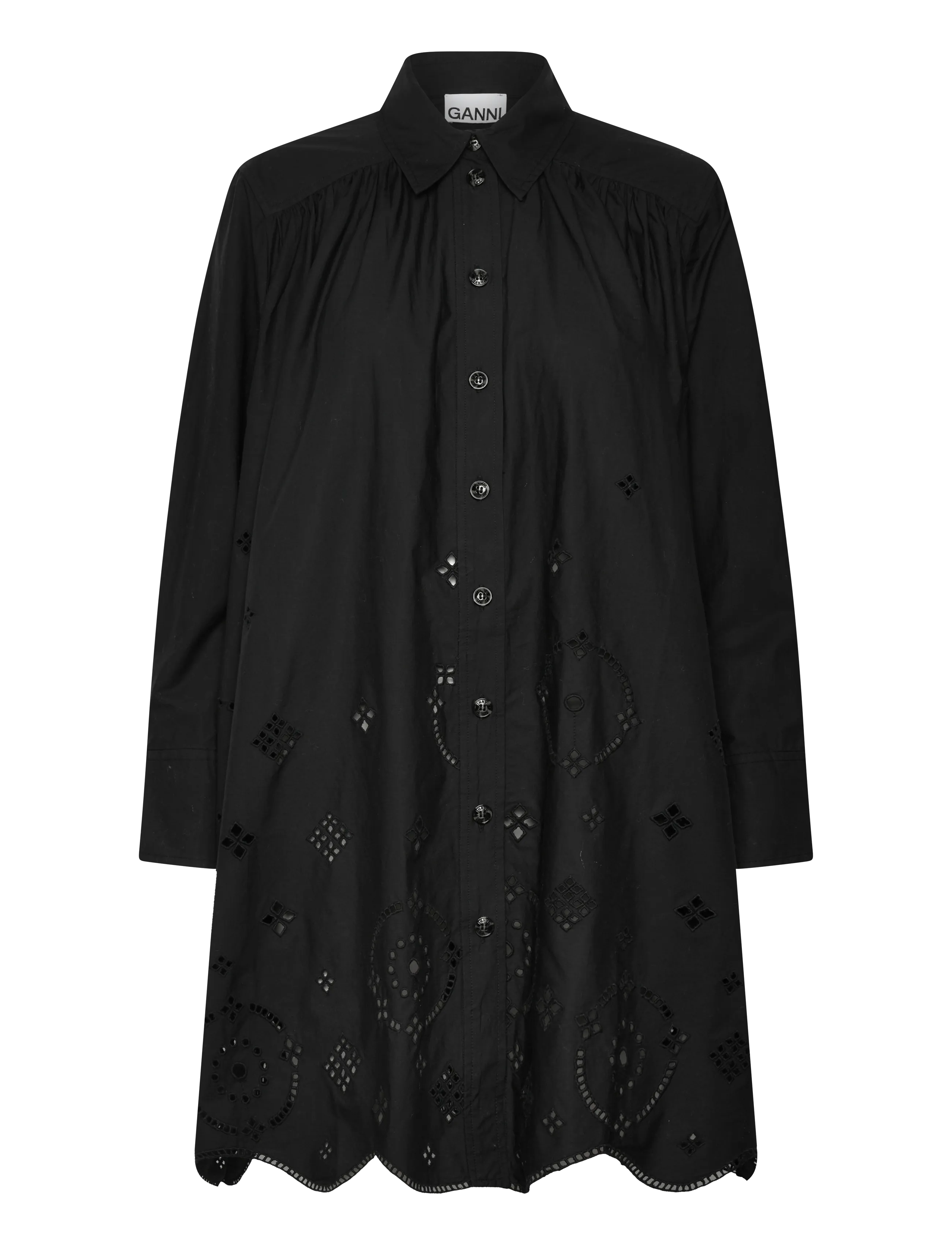 GANNI Broderie Anglaise Wide Mini Shirt Dress - Kurze Kleider - BLACK / black