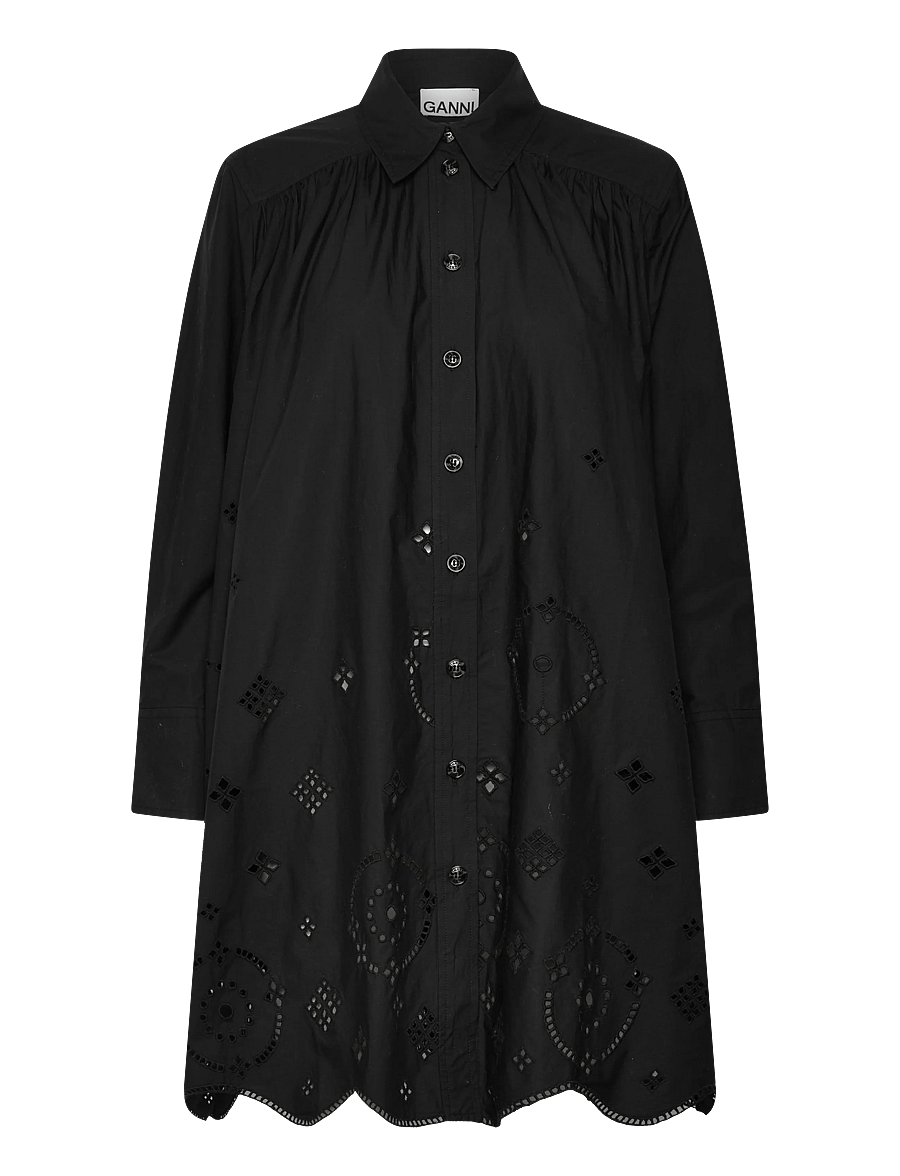 GANNI - Broderie Anglaise Wide Mini Shirt Dress - särkkleidid - black - 1