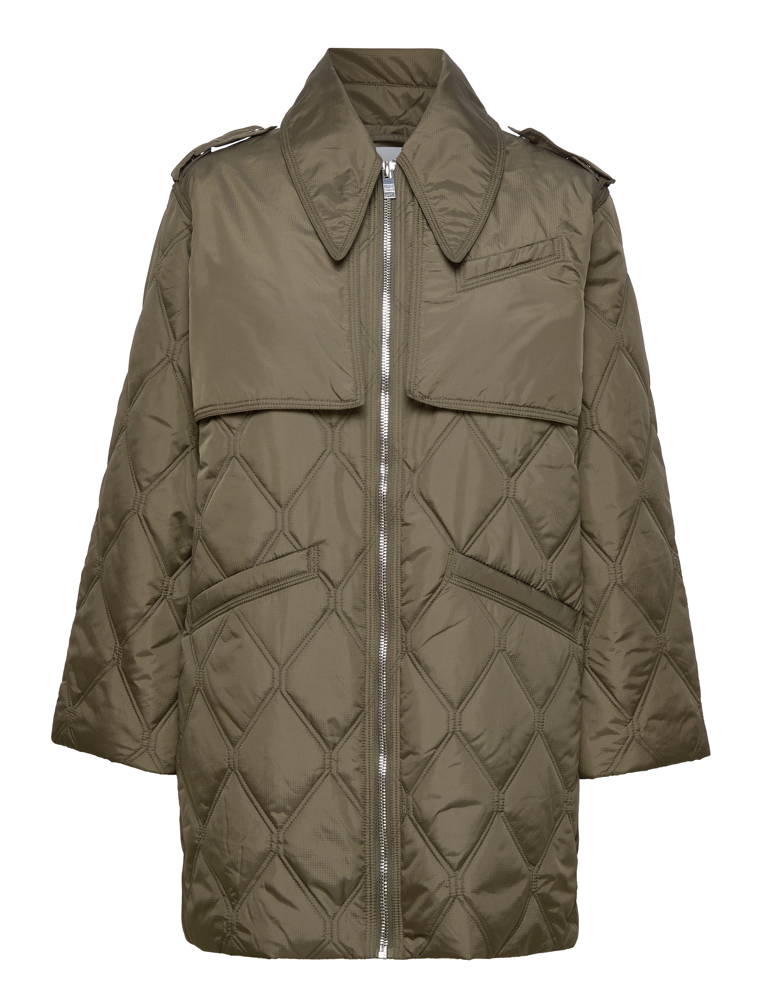 GANNI Ripstop Quilt Midi Jacke Khaki - 36 - Damen