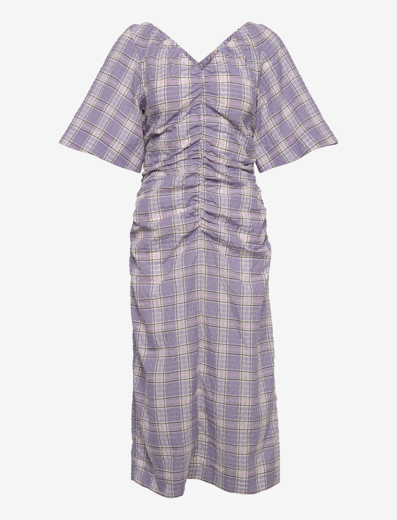 GANNI - Seersucker Check V-neck Fitted Midi Dress - midi dresses - check persian violet - 0