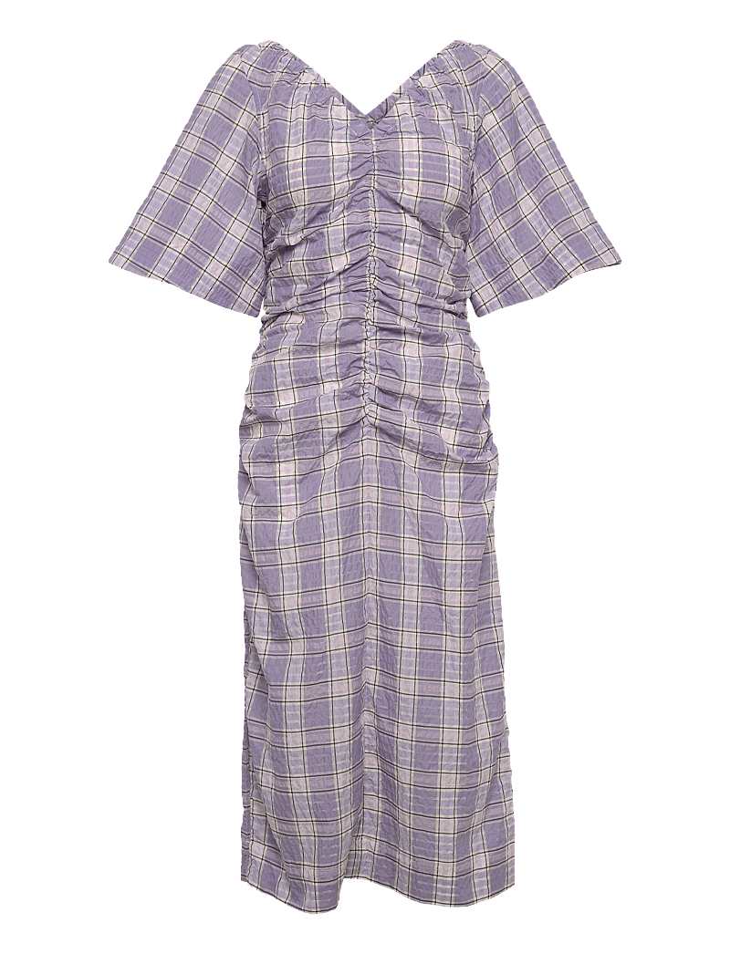 GANNI - Seersucker Check V-neck Fitted Midi Dress - midikleider - check persian violet - 0