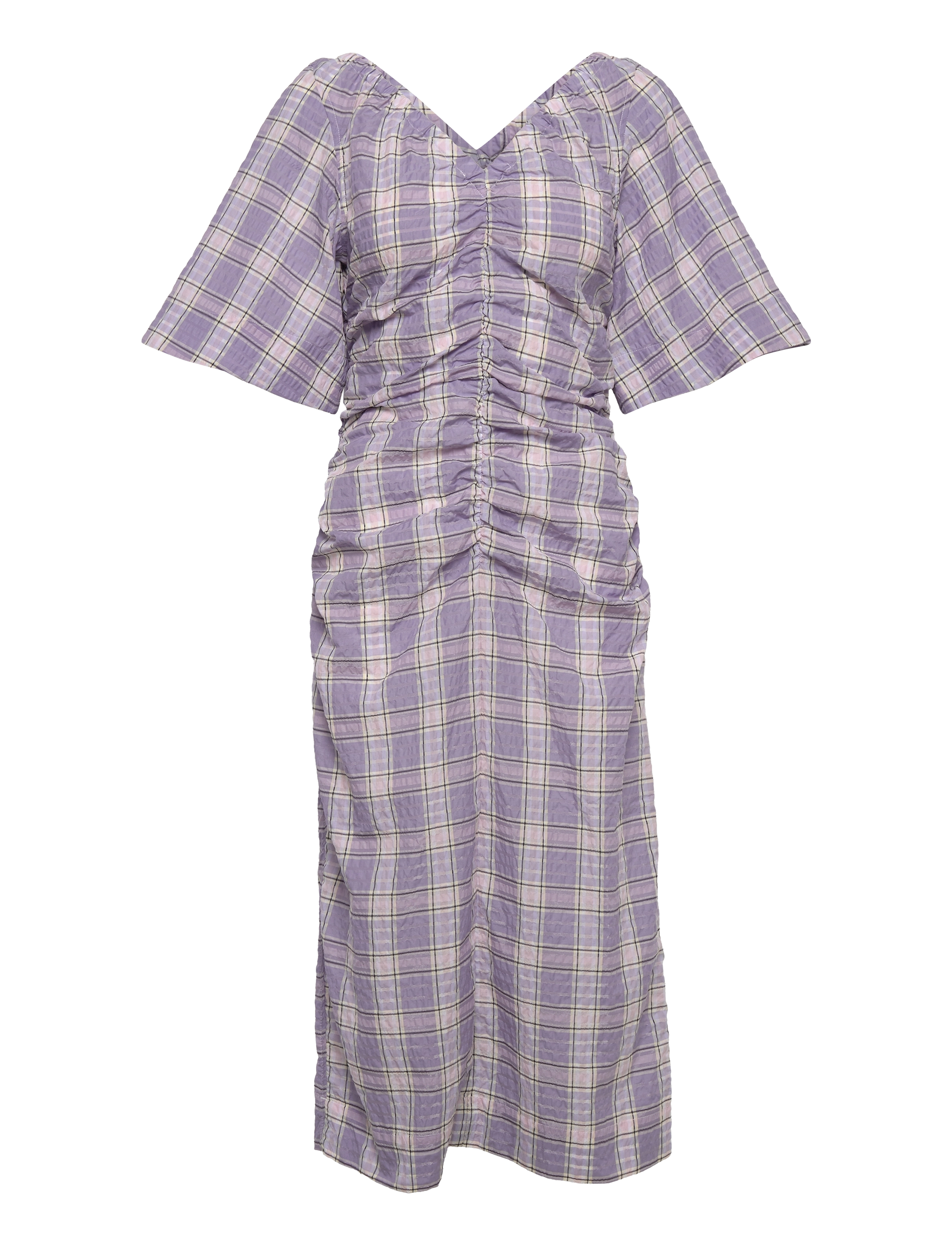 GANNI Seersucker Check V-neck Fitted Midi Dress - Kleidung - CHECK PERSIAN VIOLET / purple