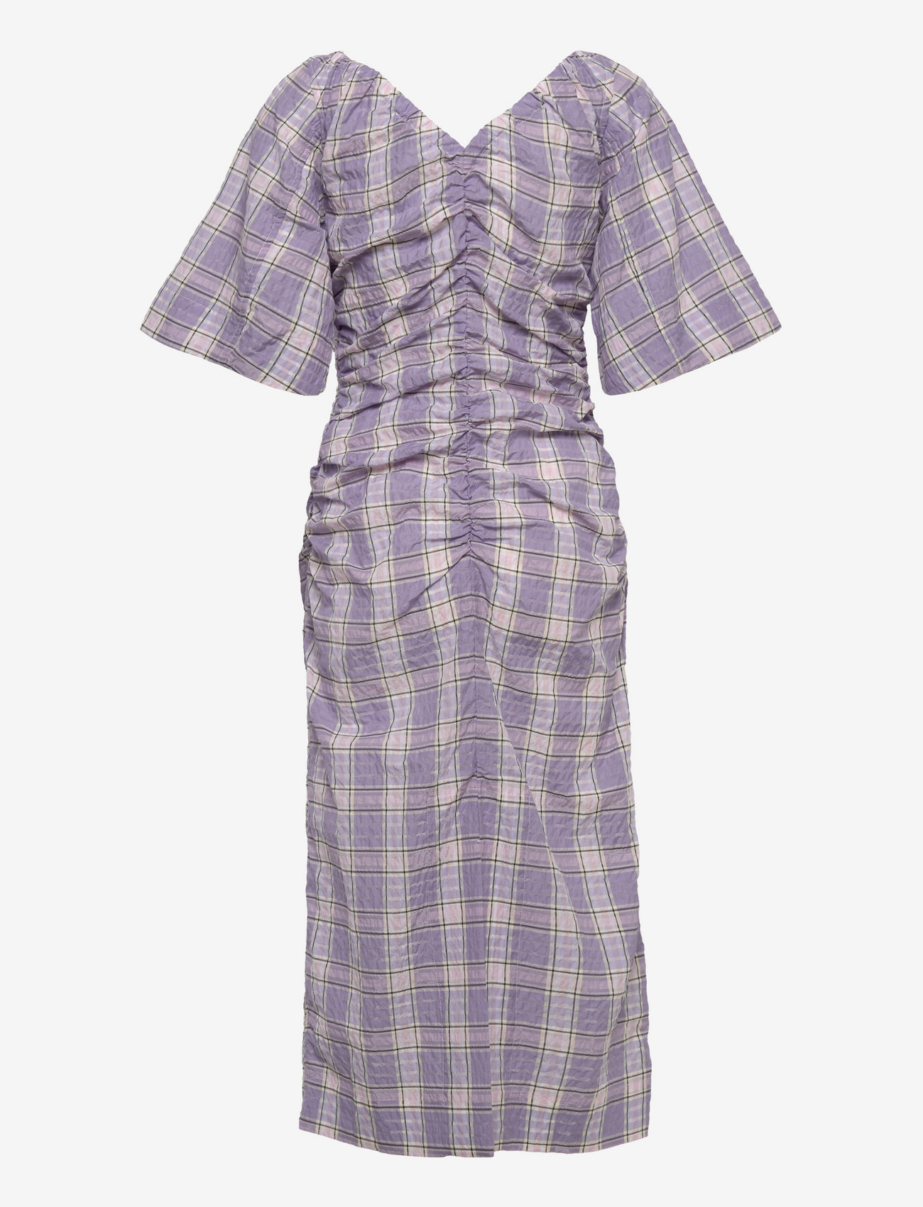 GANNI - Seersucker Check V-neck Fitted Midi Dress - midi dresses - check persian violet - 1