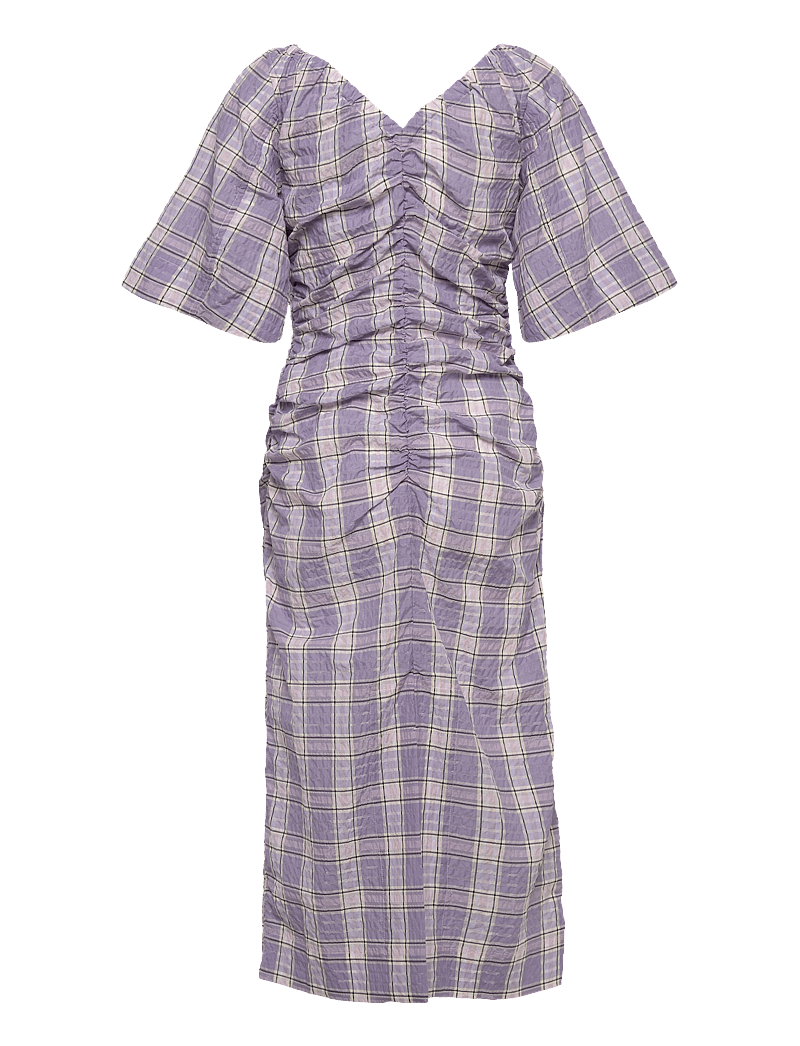 GANNI - Seersucker Check V-neck Fitted Midi Dress - midikleider - check persian violet - 1
