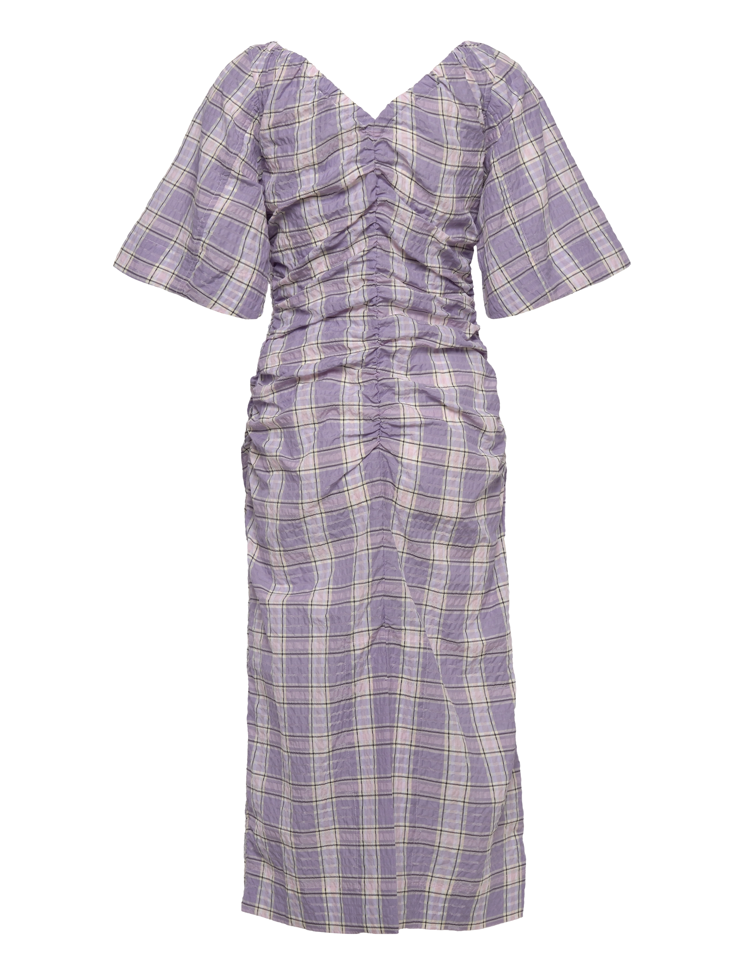 GANNI - Seersucker Check V-neck Fitted Midi Dress - midi kjoler - check persian violet - 1
