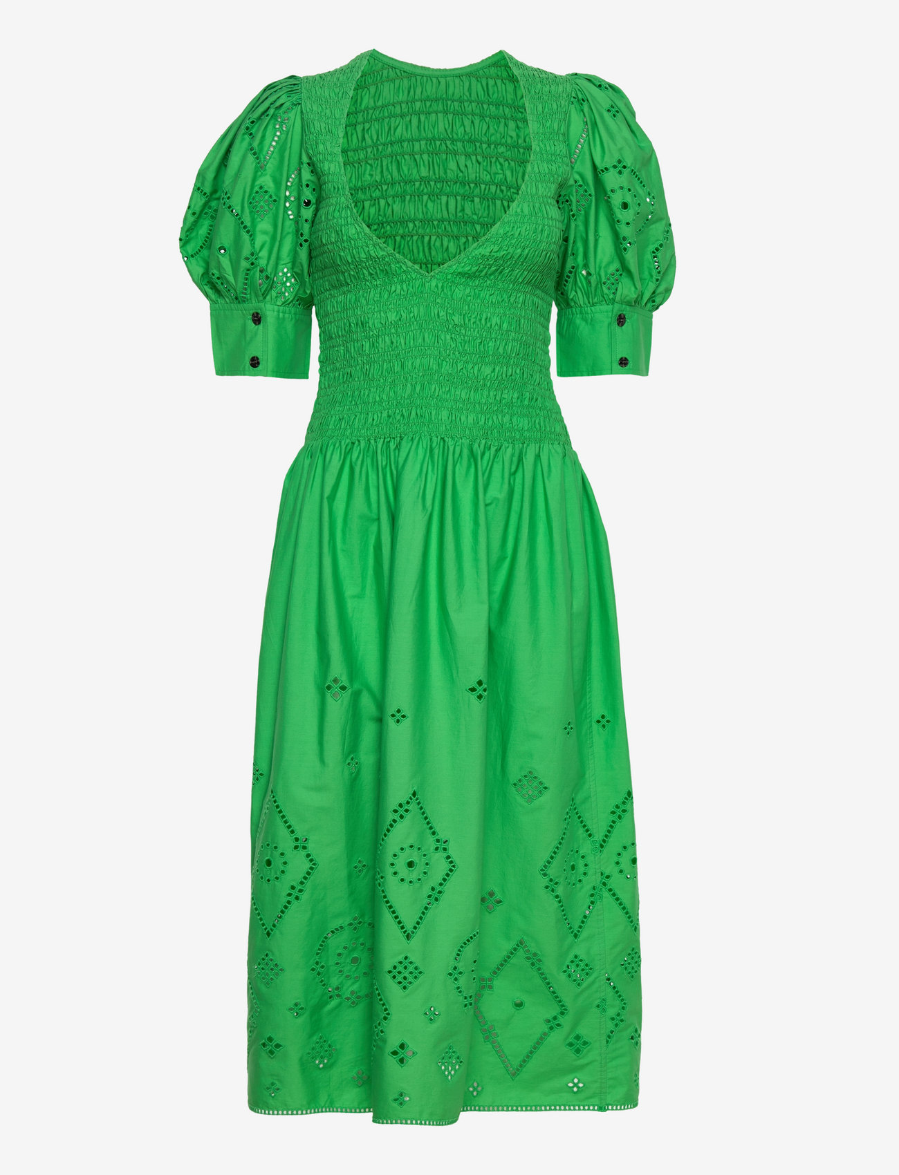 GANNI - Broderie Anglaise Maxi Smock Dress - midikleidid - kelly green - 0