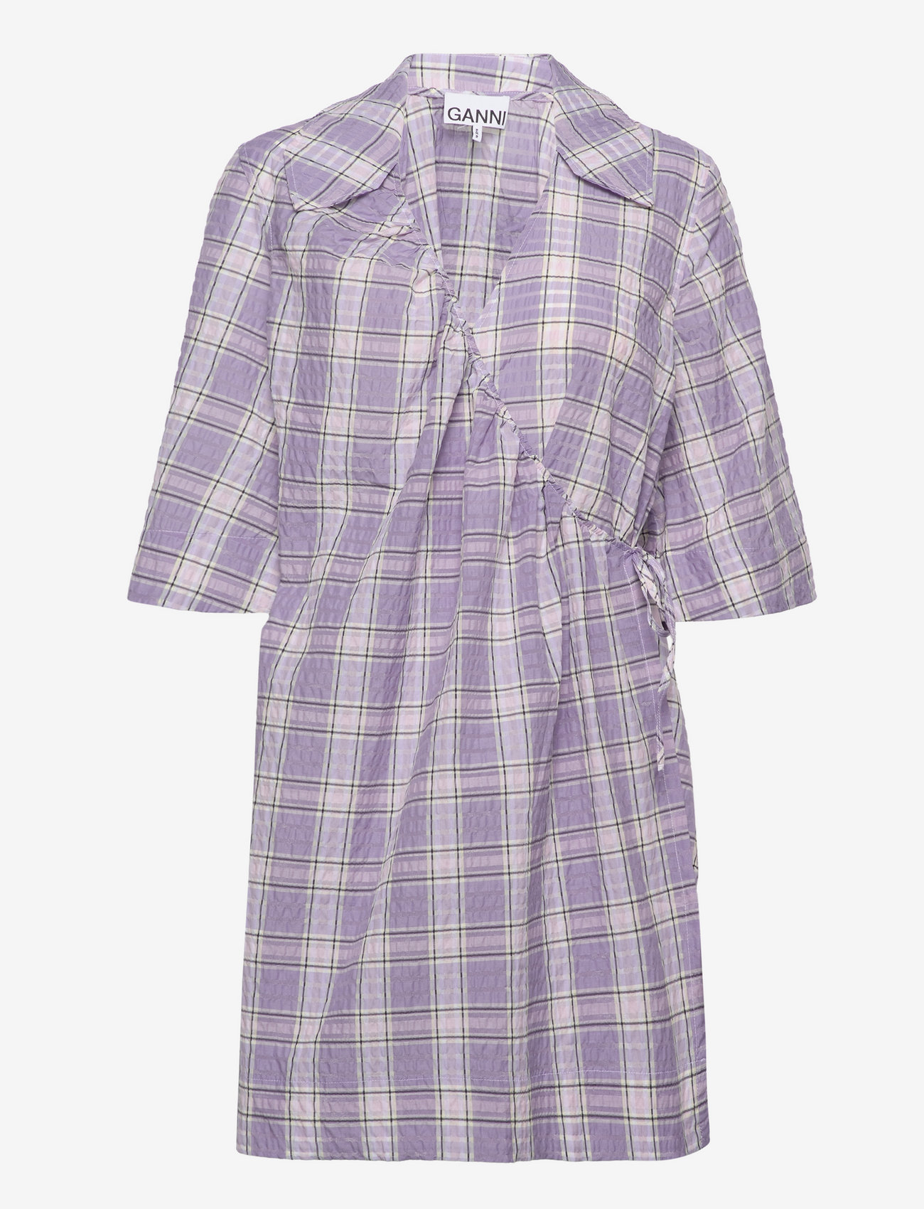 GANNI - Seersucker Check Mini Wrap Dress - skjortekjoler - check persian violet - 0