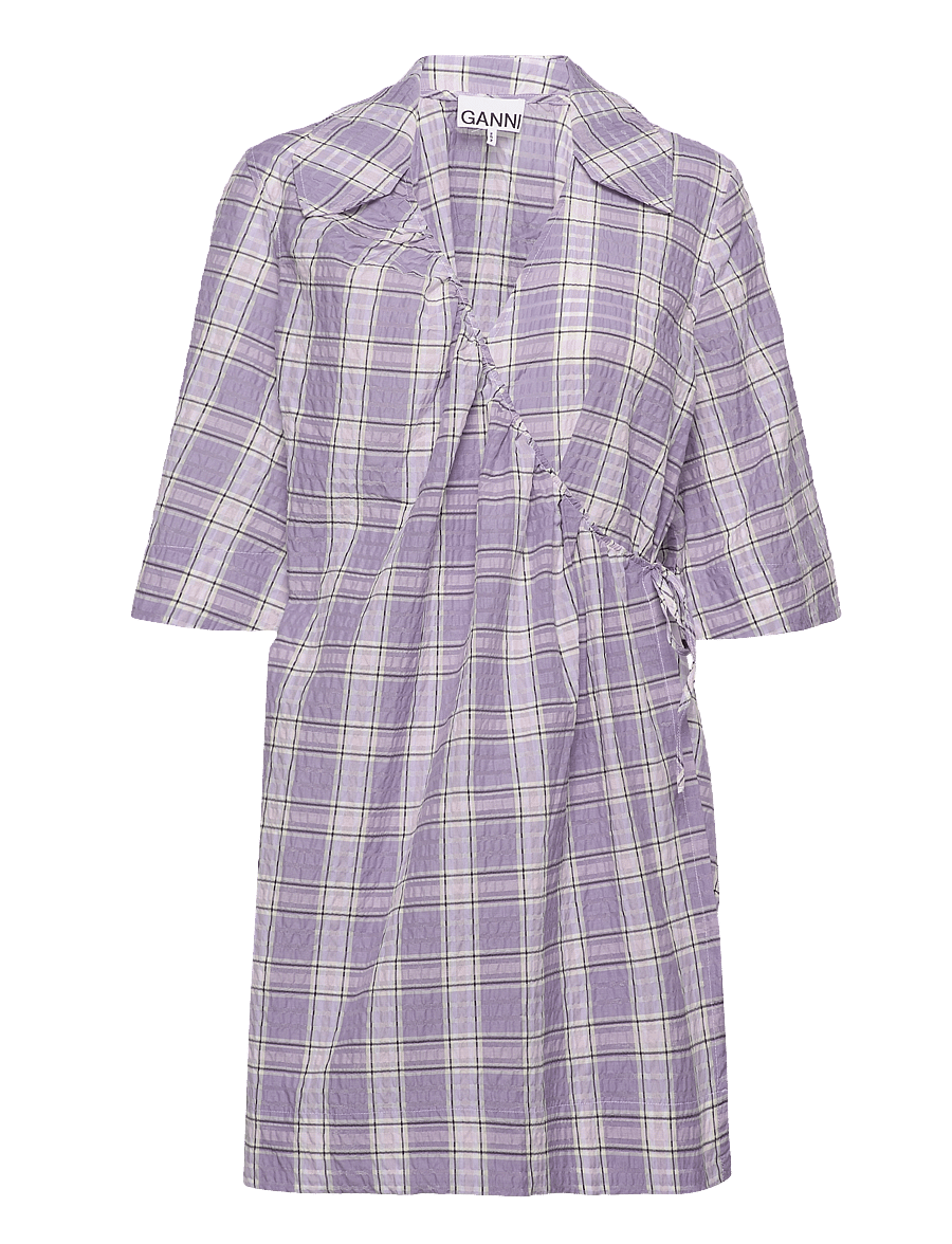 GANNI - Seersucker Check Mini Wrap Dress - hemdkleider - check persian violet - 0