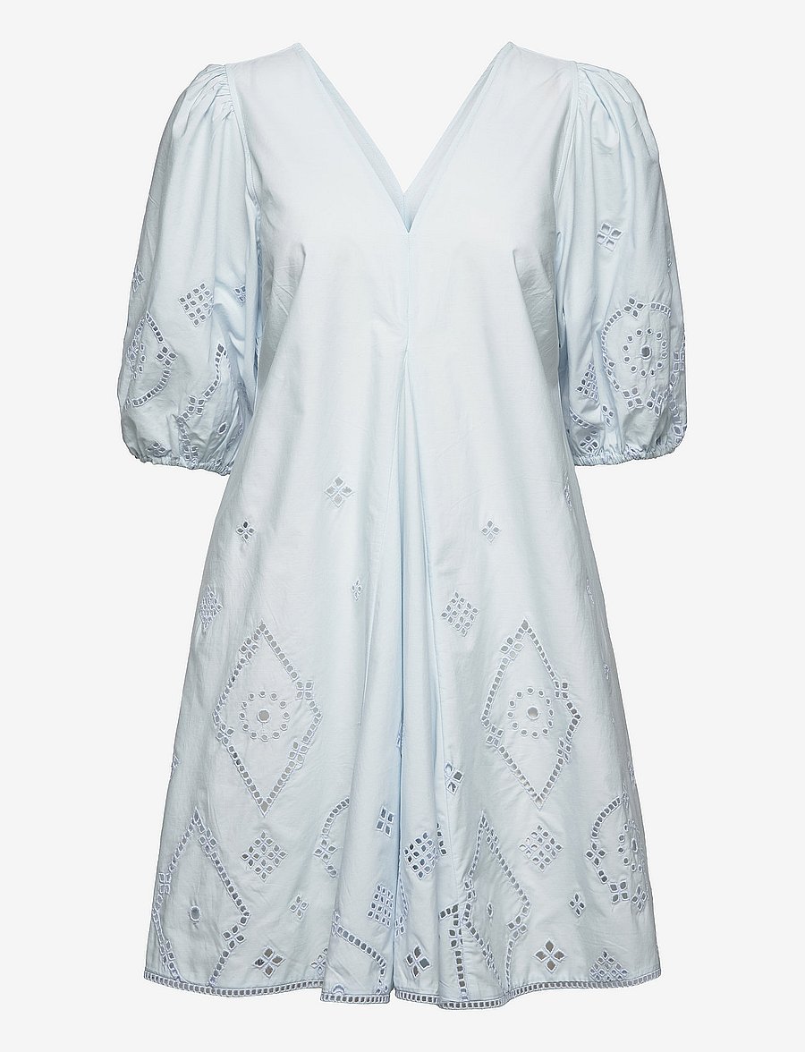 GANNI - Broderie Anglaise Puff Sleeve Mini Dress - summer dresses - illusion blue - 0