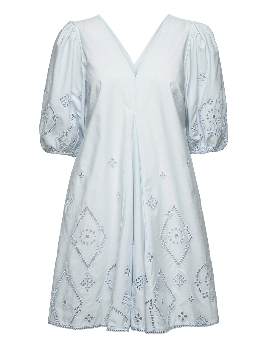 GANNI - Broderie Anglaise Puff Sleeve Mini Dress - sommerkjoler - illusion blue - 0