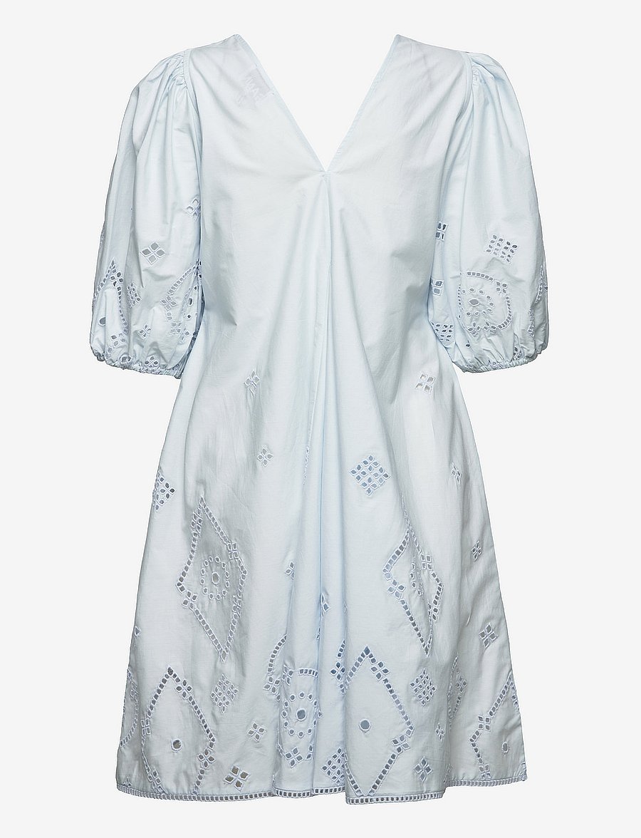 GANNI - Broderie Anglaise Puff Sleeve Mini Dress - summer dresses - illusion blue - 1