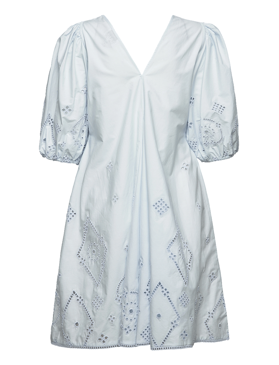 GANNI - Broderie Anglaise Puff Sleeve Mini Dress - sommerkjoler - illusion blue - 1