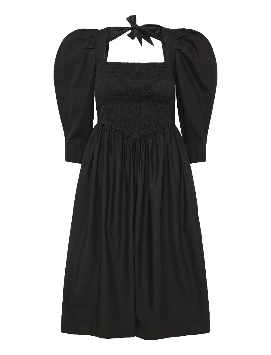 GANNI - Cotton Poplin Open Neck Smock Dress - sommerkleider - black - 1