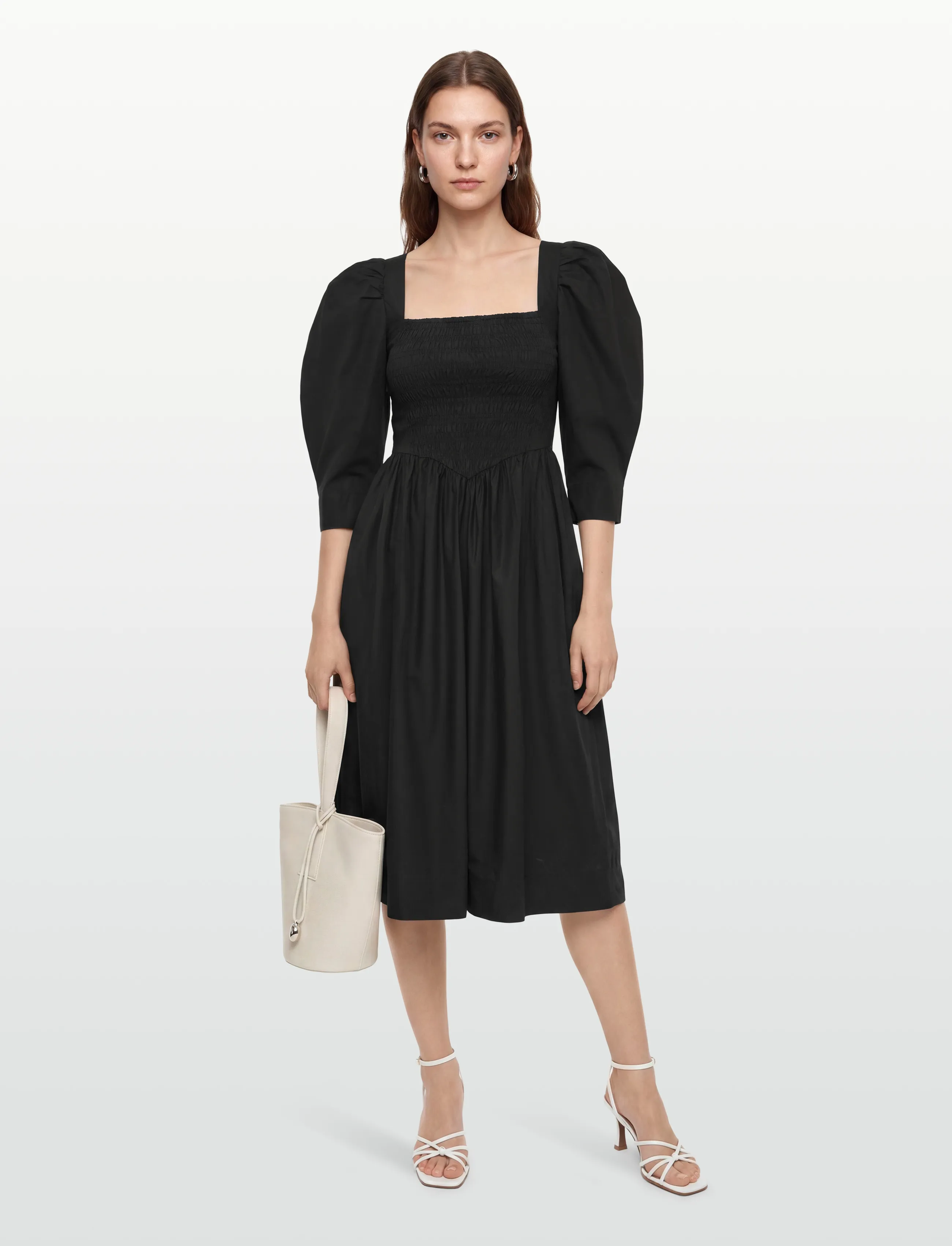 GANNI Cotton Poplin Open Neck Smock Dress, 36, Dresses, Schwarz - Knee-length & Midi, Frauen