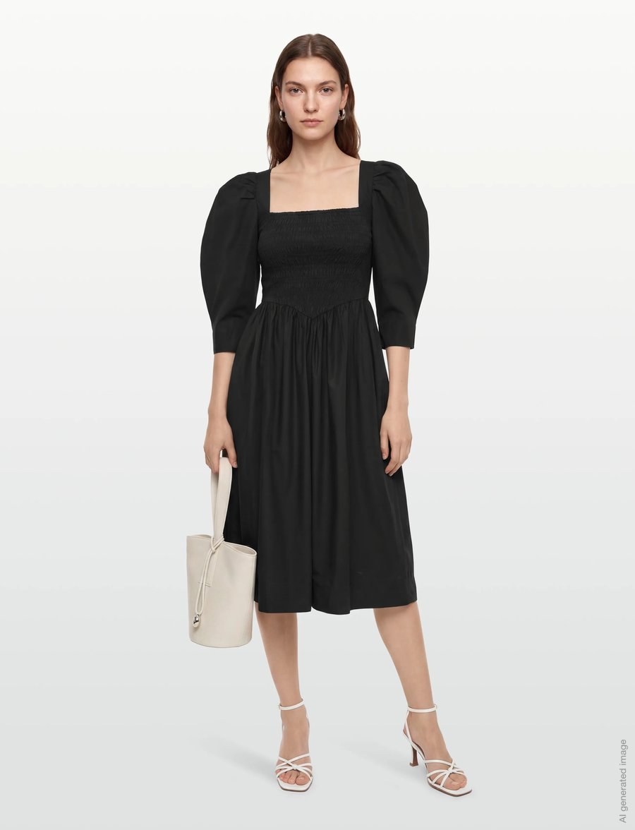 GANNI - Cotton Poplin Open Neck Smock Dress - sommerkleider - black - 0
