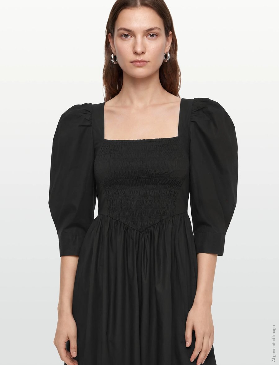GANNI - Cotton Poplin Open Neck Smock Dress - sommerkleider - black - 3