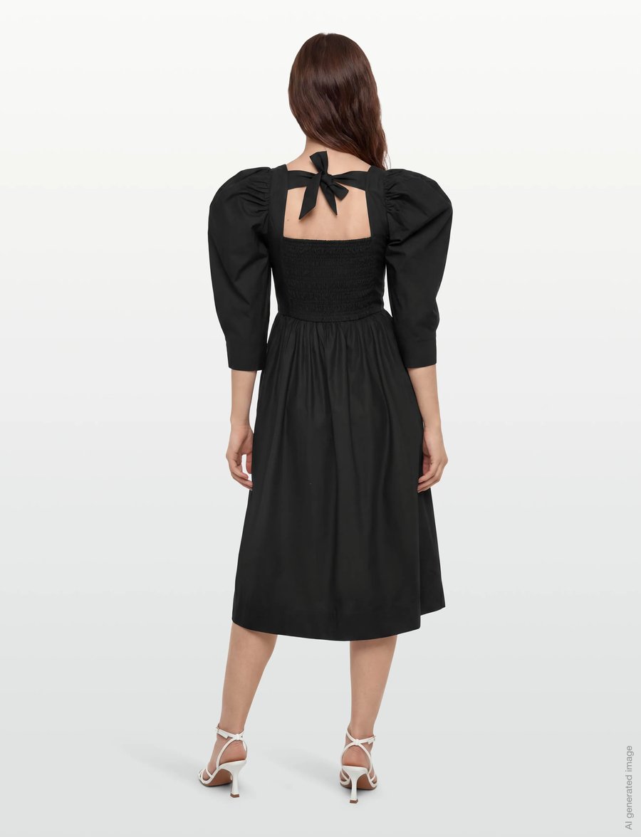 GANNI - Cotton Poplin Open Neck Smock Dress - sommerkleider - black - 4