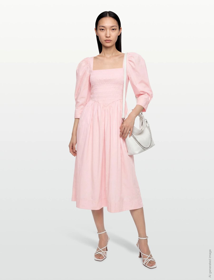 GANNI - Cotton Poplin Open Neck Smock Dress - sommerkleider - chalk pink - 0