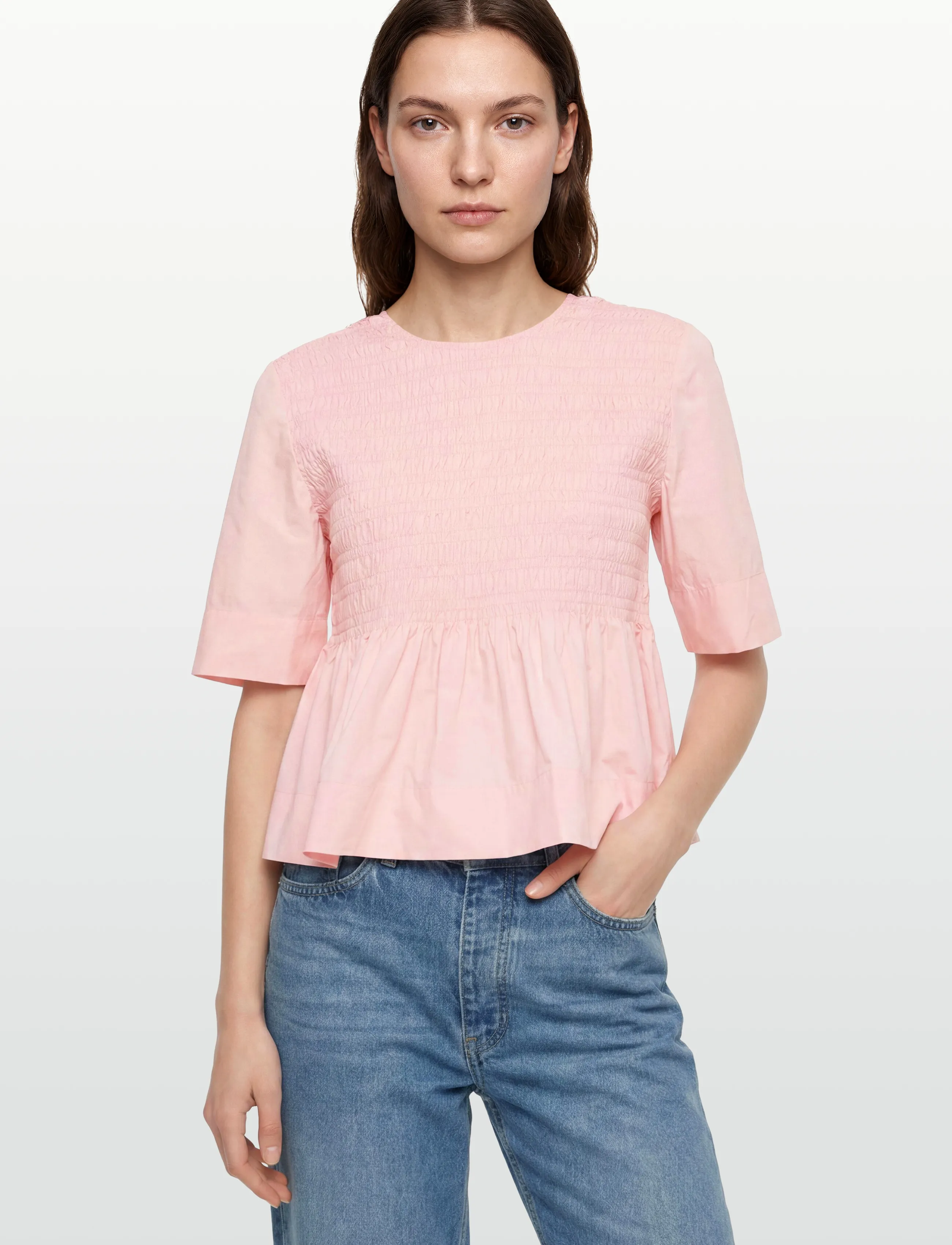 GANNI - Cotton Poplin Open Back Smock Blouse - chalk pink - 3