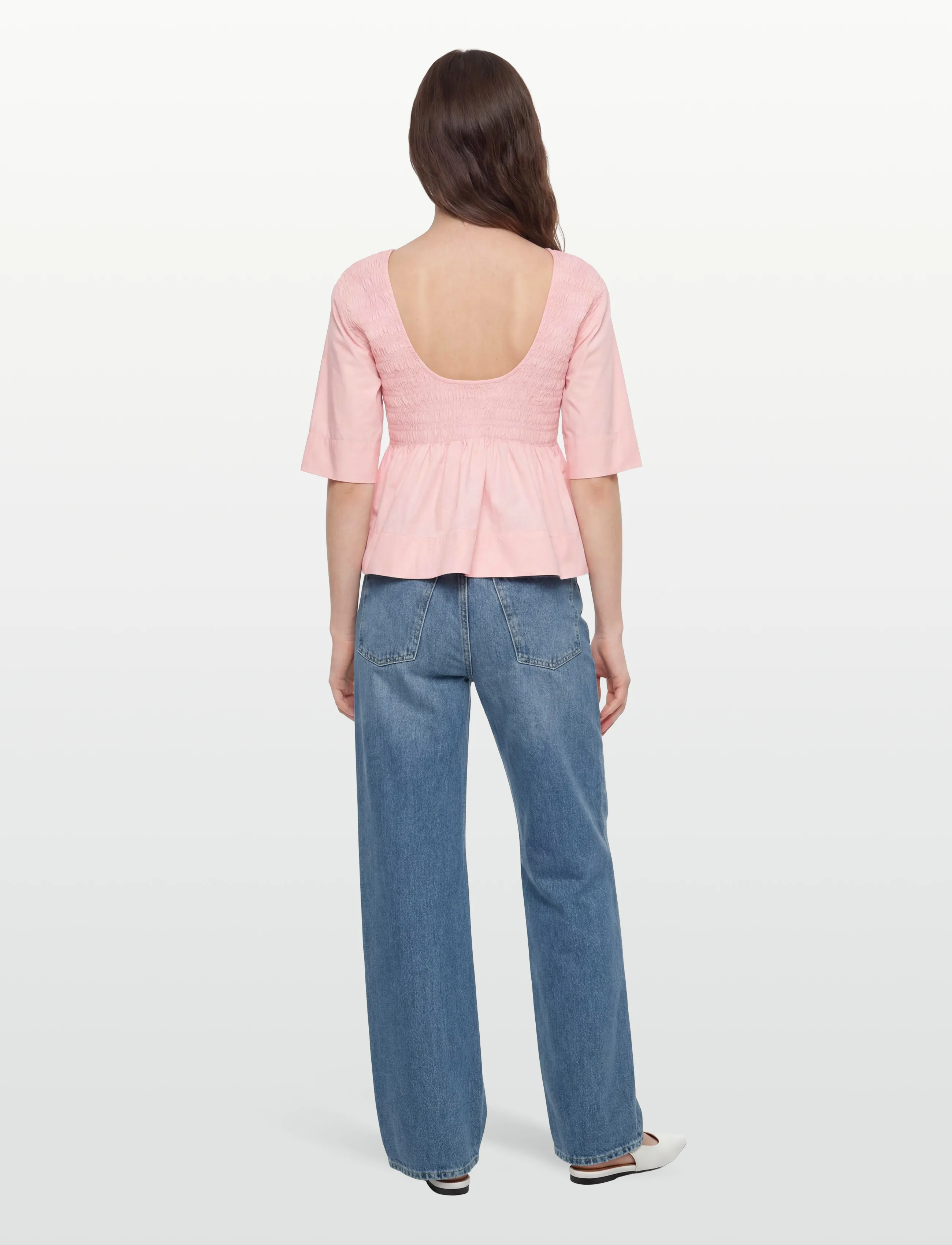 GANNI - Cotton Poplin Open Back Smock Blouse - chalk pink - 4
