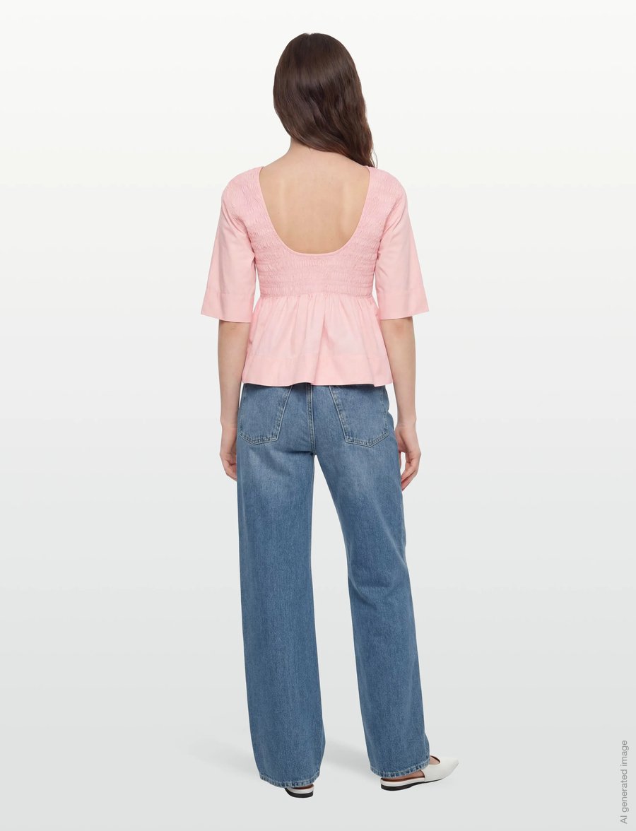 GANNI - Cotton Poplin Open Back Smock Blouse - chalk pink - 4