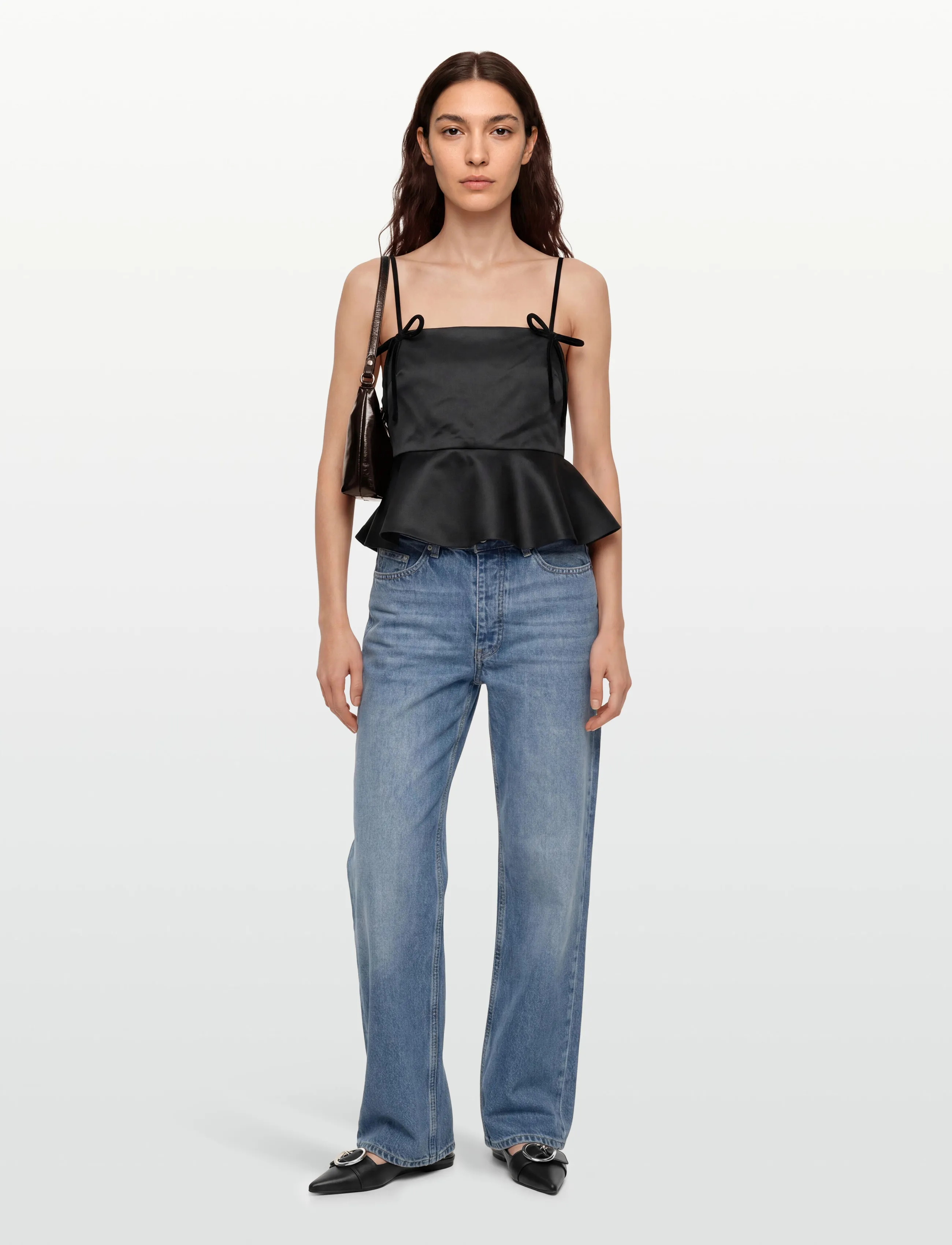 GANNI Duchesse Satin Top, Kvinder, Satin Peplum Top, Sort, Str: 38