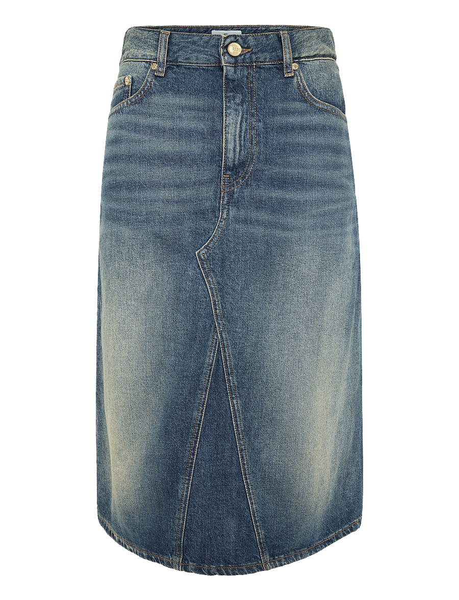 GANNI - Heavy Washed Denim Midi Skirt - denimnederdele - mid blue vintage - 0