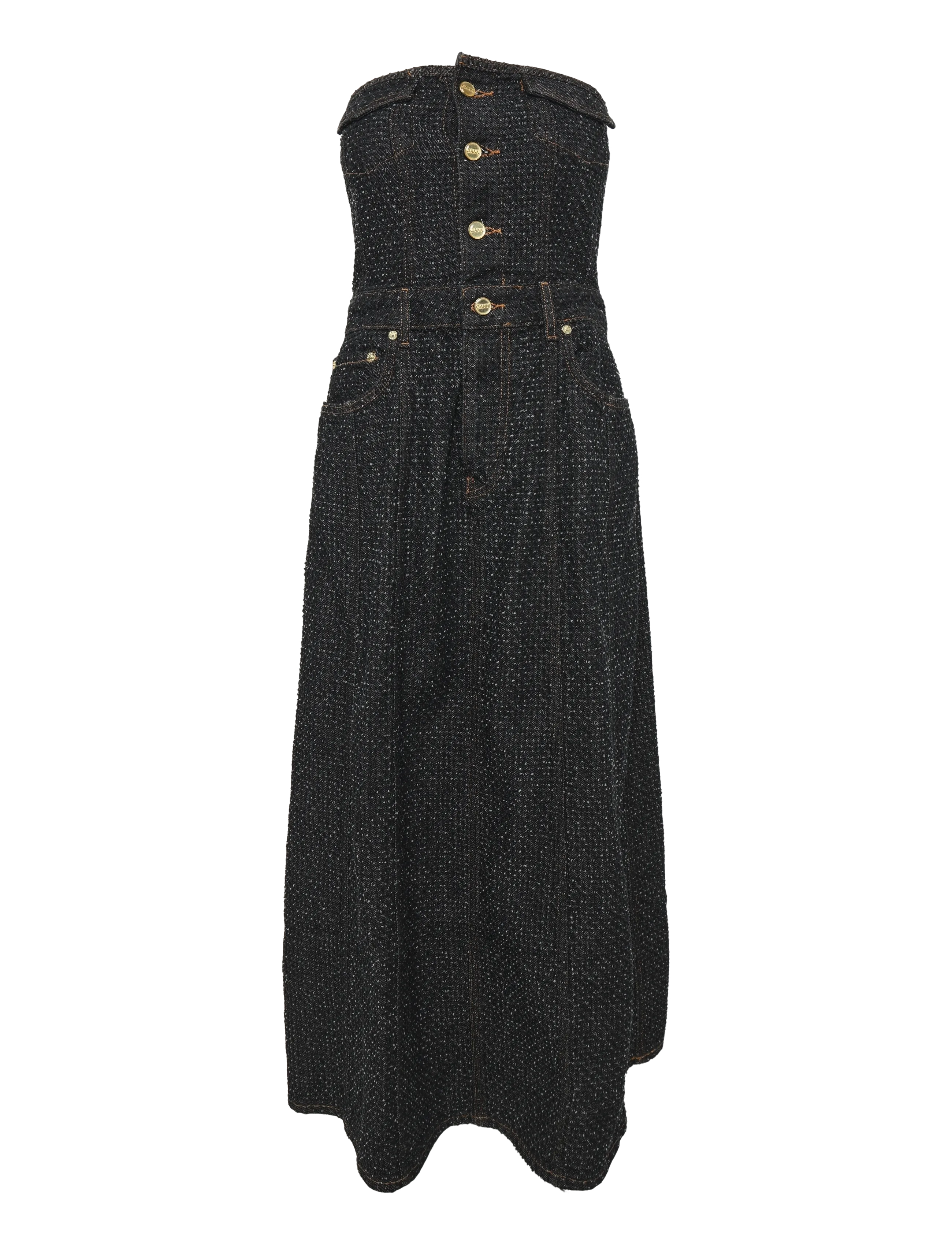 GANNI Fluffy Denim Long Corsage Kleid Schwarz - 38 - Damen