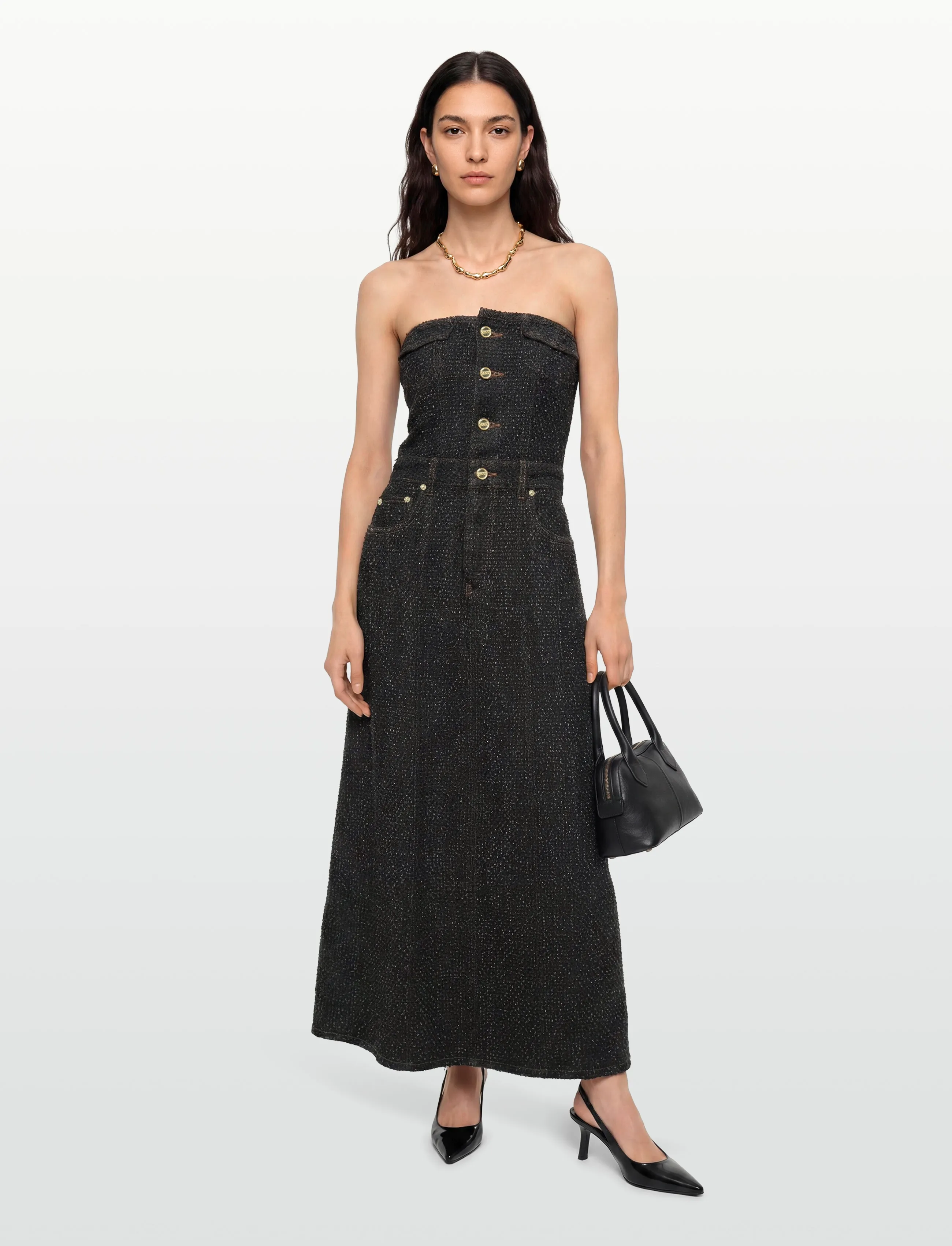 GANNI Fluffy Denim Long Corsage Dress, Kvinder, Korsage Denim Maxikjole, Sort, Str: 38