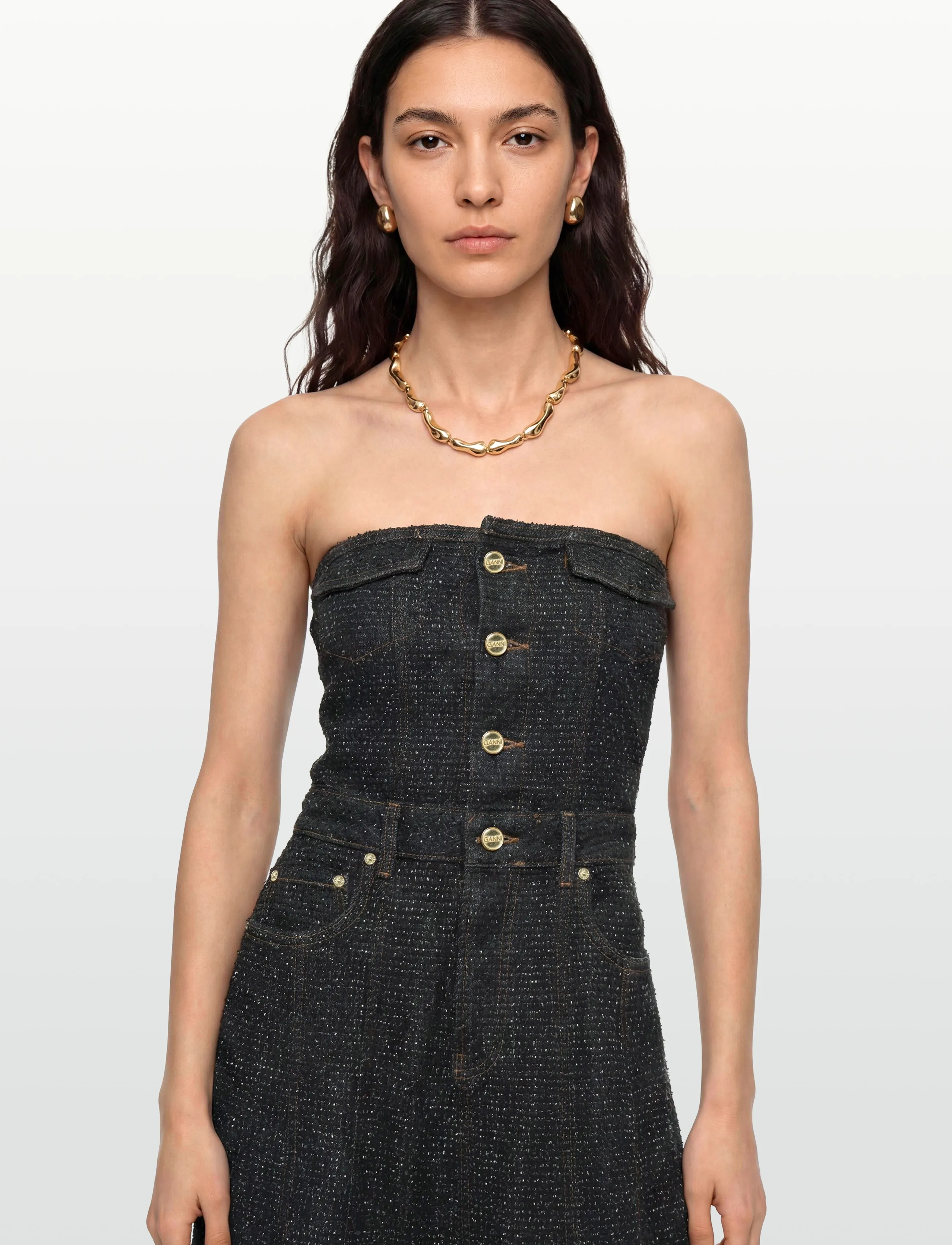 GANNI - Fluffy Denim Long Corsage Dress - maxiklänningar - black - 3