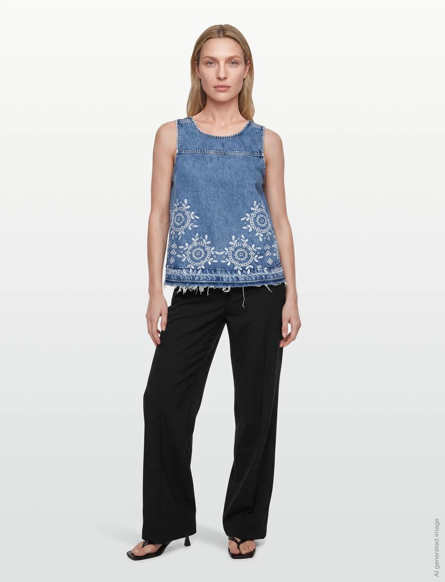 GANNI - Broderie Anglaise Denim Top - linnen - light blue stone - 0