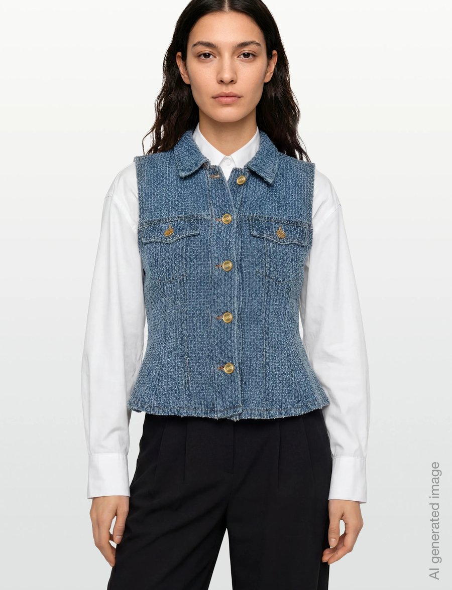 GANNI - Fluffy Denim Fitted Top - denim vests - mid blue stone - 3