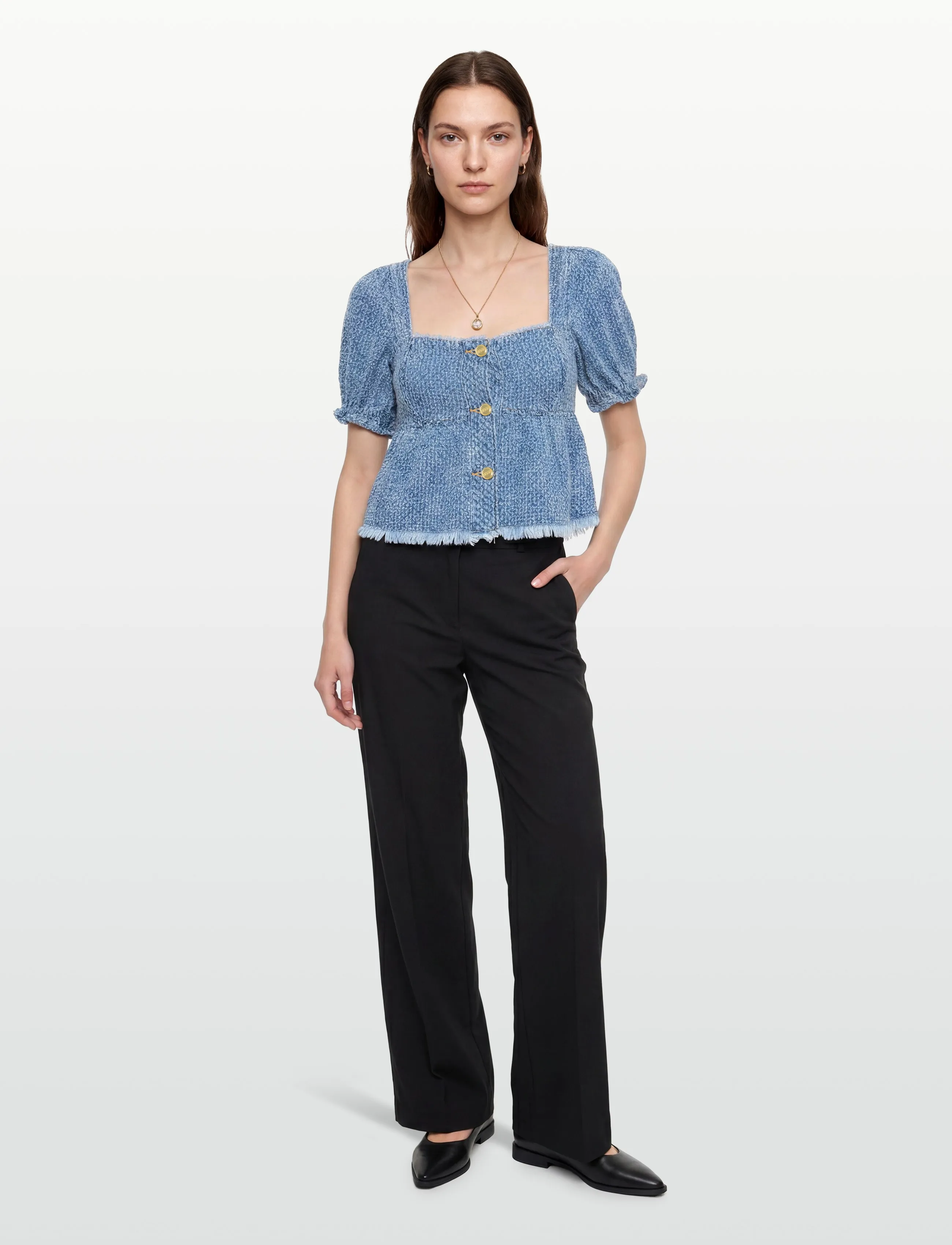 GANNI Fluffy Denim Blouse, Kvinder, Denim Peplum Bluse, Blå, Str: 40